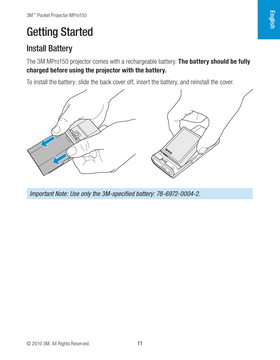 Getting started, Install battery | 3M MPro150 User Manual | Page 11 / 58