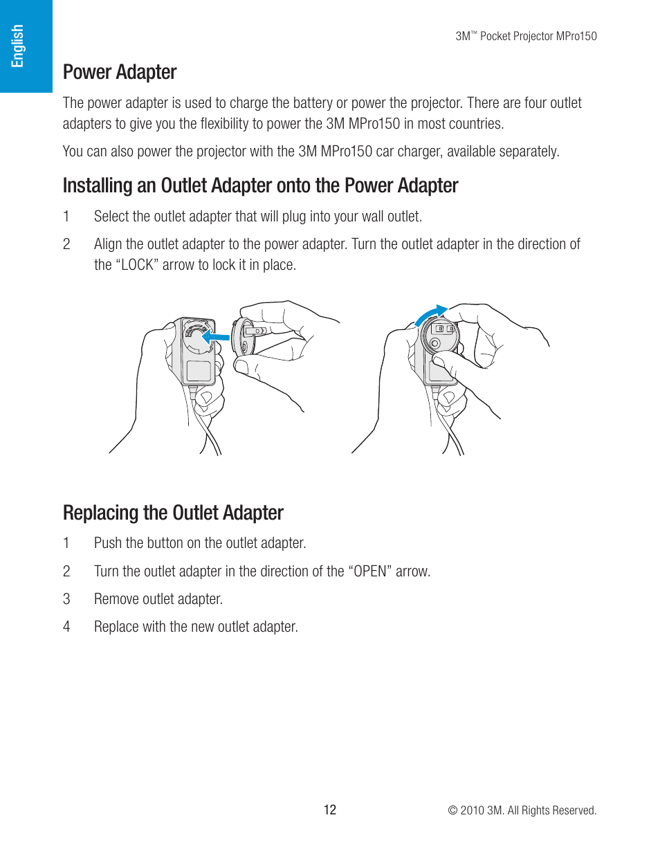 Power adapter, Replacing the outlet adapter | 3M MPro150 User Manual | Page 12 / 58