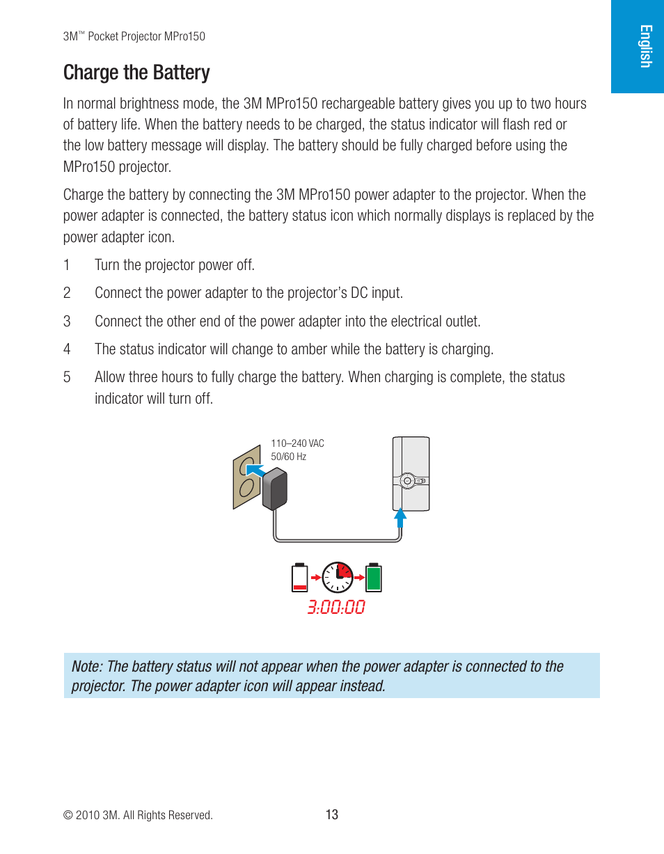 Charge the battery | 3M MPro150 User Manual | Page 13 / 58