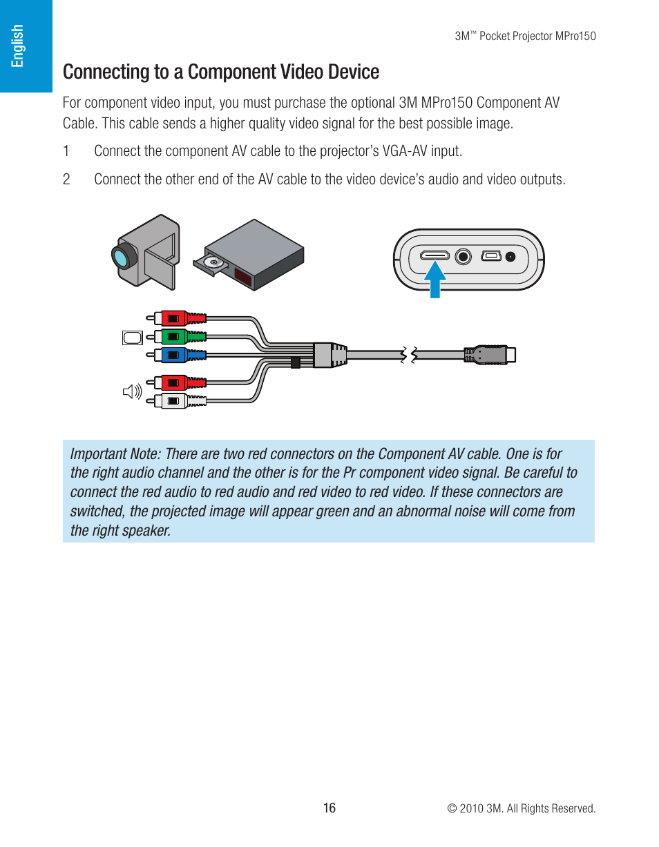 Connecting to a component video device | 3M MPro150 User Manual | Page 16 / 58