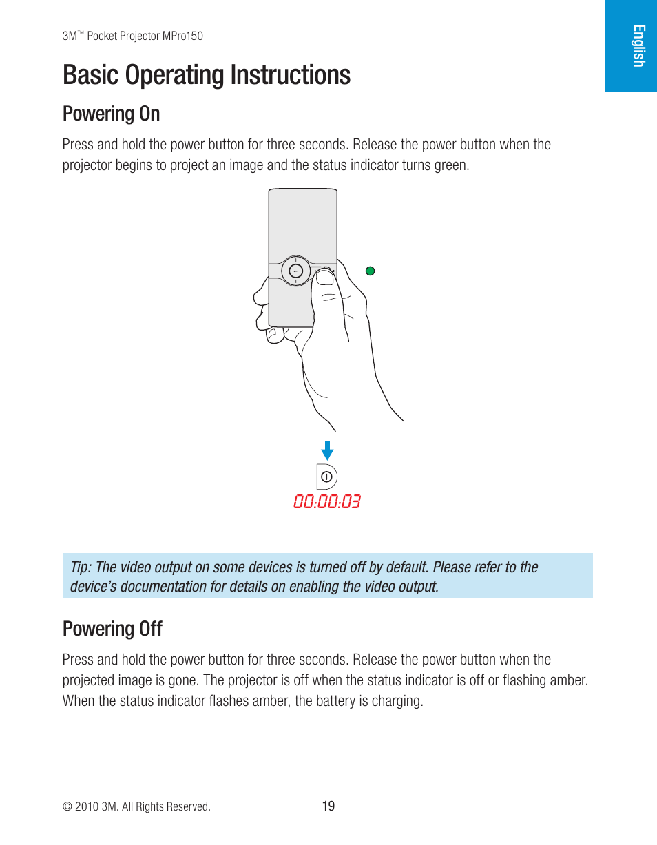 Basic operating instructions, Powering on, Powering off | 3M MPro150 User Manual | Page 19 / 58