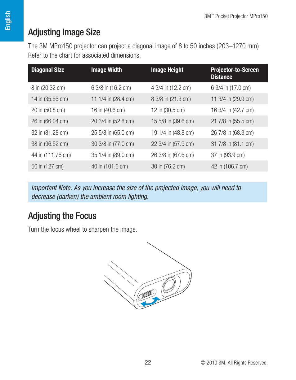 Adjusting image size, Adjusting the focus | 3M MPro150 User Manual | Page 22 / 58