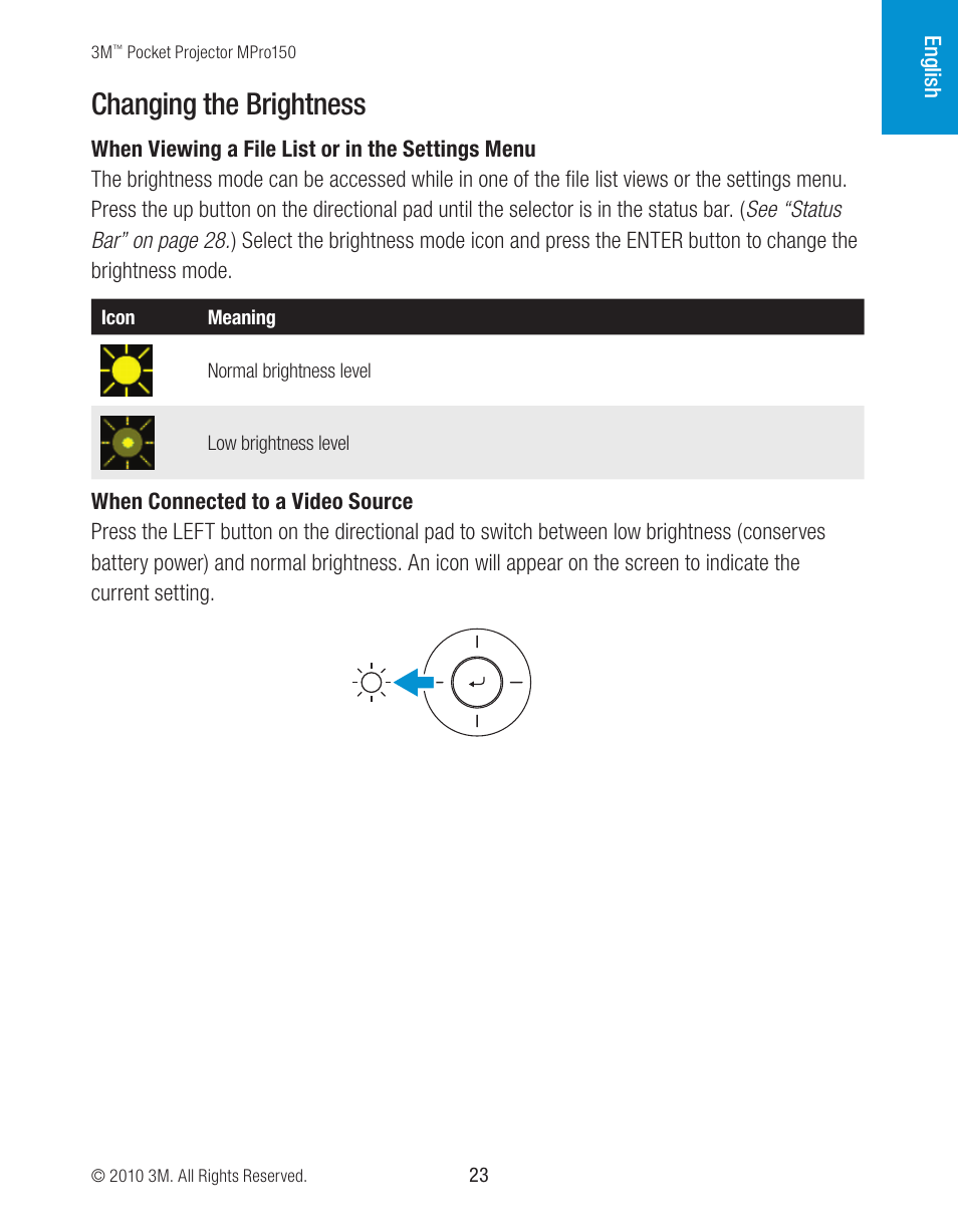 Changing the brightness | 3M MPro150 User Manual | Page 23 / 58