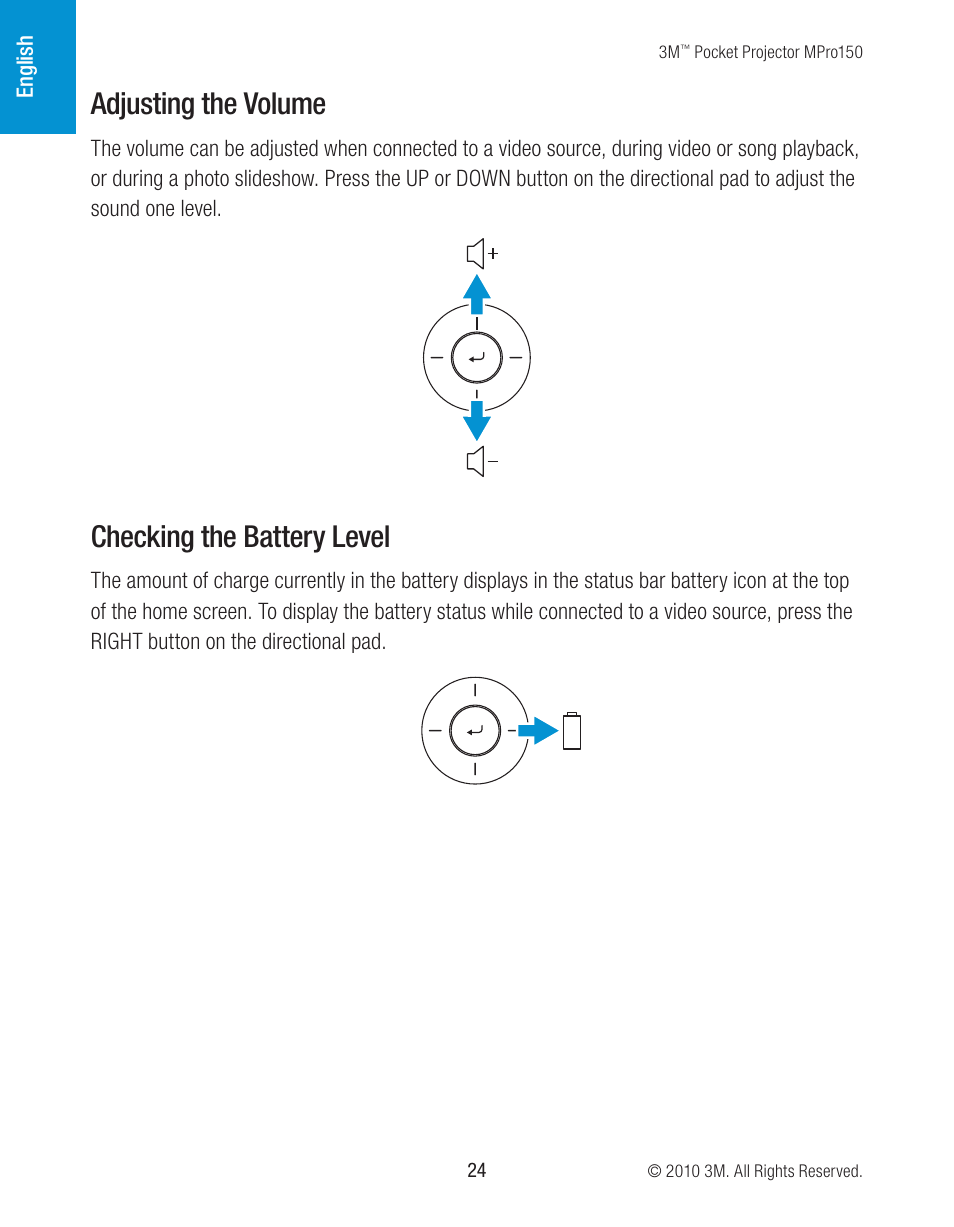 Adjusting the volume, Checking the battery level | 3M MPro150 User Manual | Page 24 / 58