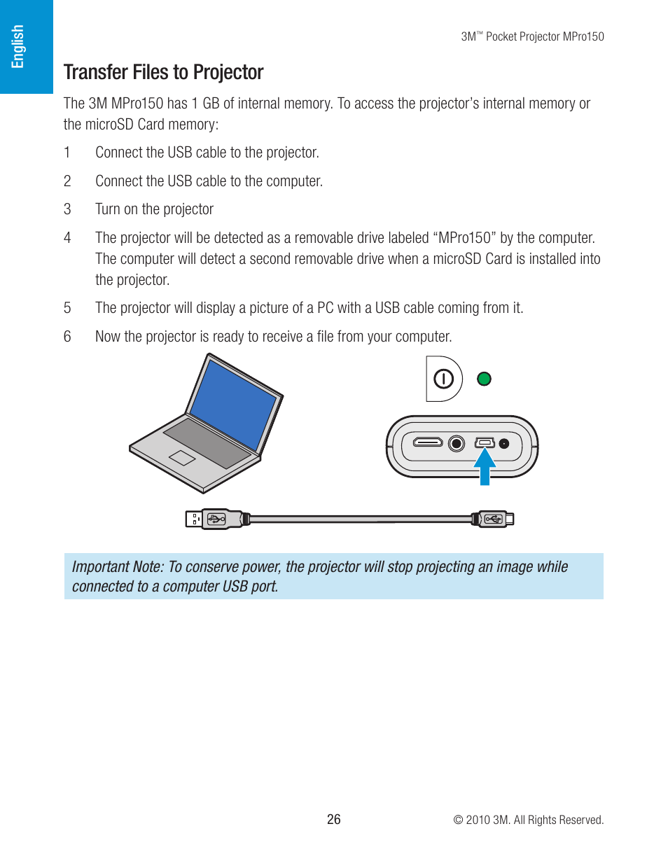 Transfer files to projector | 3M MPro150 User Manual | Page 26 / 58