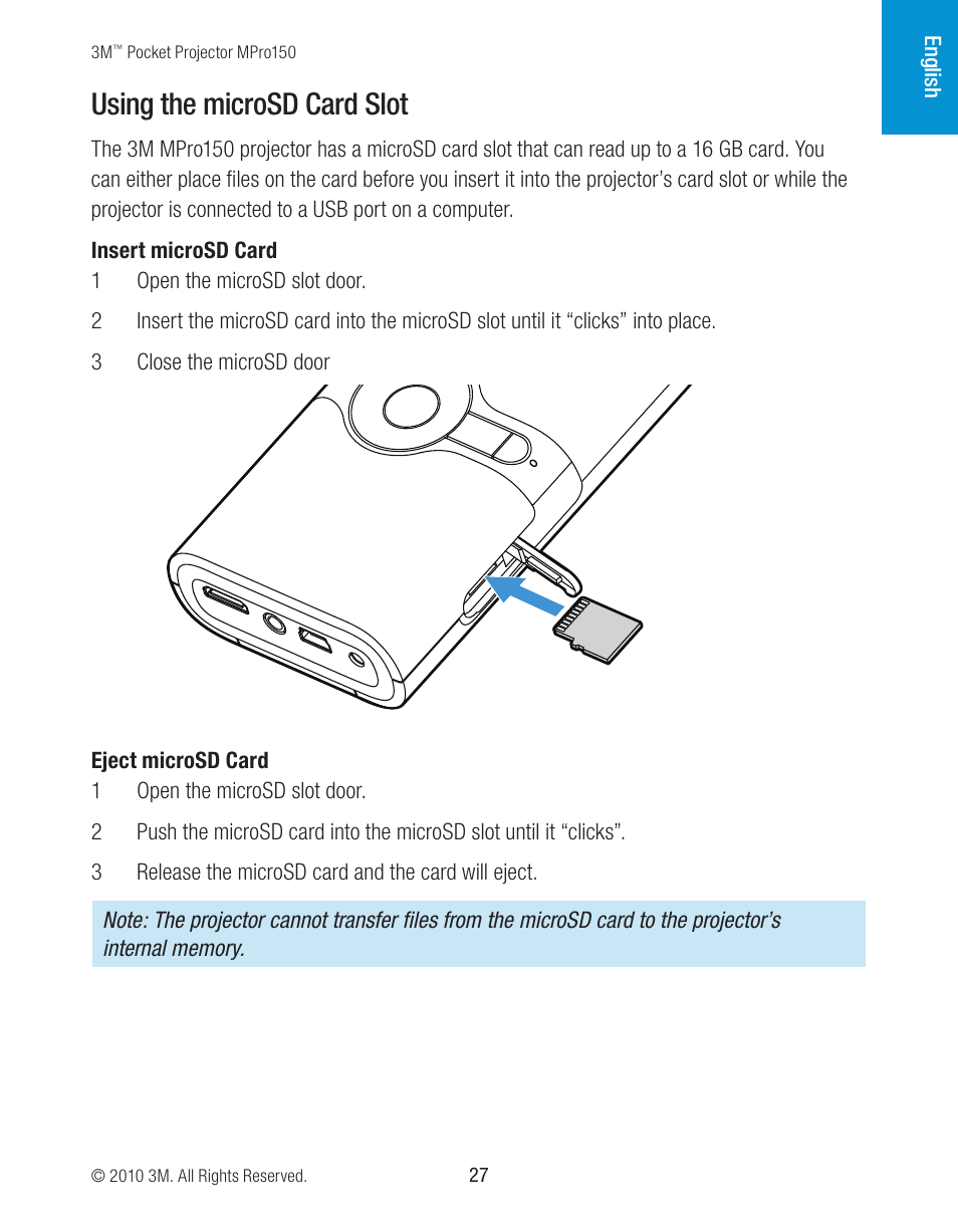 Using the microsd card slot | 3M MPro150 User Manual | Page 27 / 58