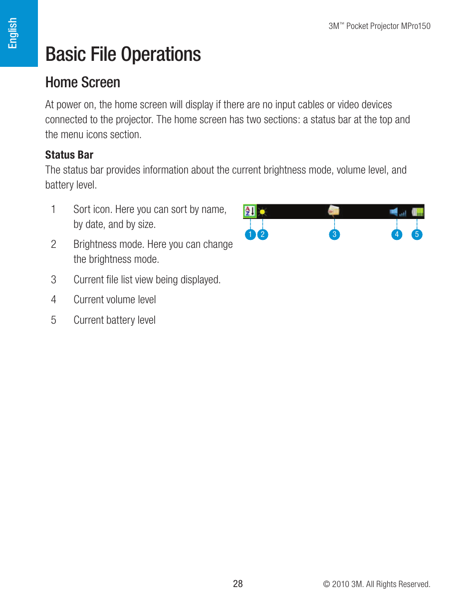 Basic file operations, Home screen | 3M MPro150 User Manual | Page 28 / 58