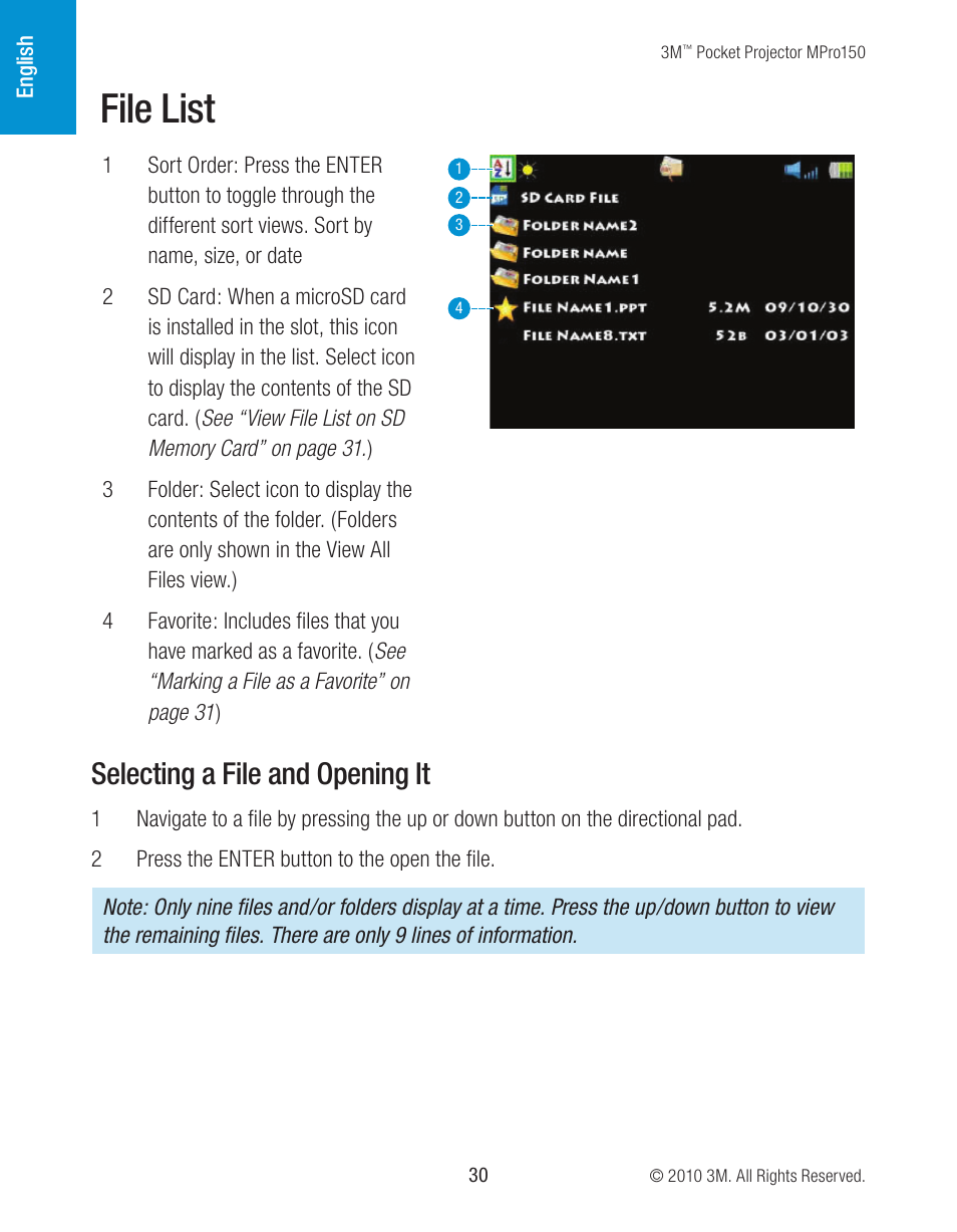 File list, Selecting a file and opening it | 3M MPro150 User Manual | Page 30 / 58