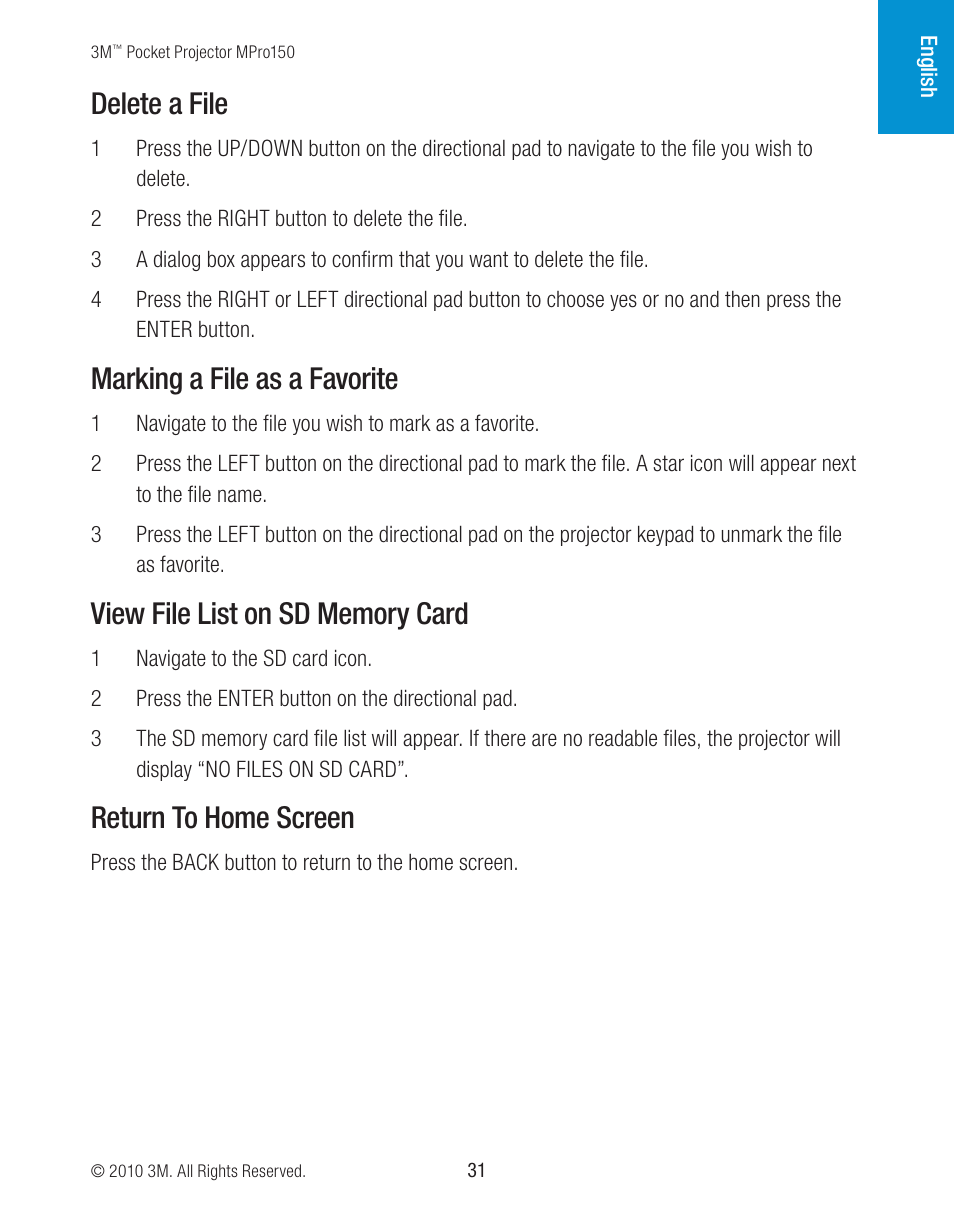 Delete a file, Marking a file as a favorite, Return to home screen | 3M MPro150 User Manual | Page 31 / 58