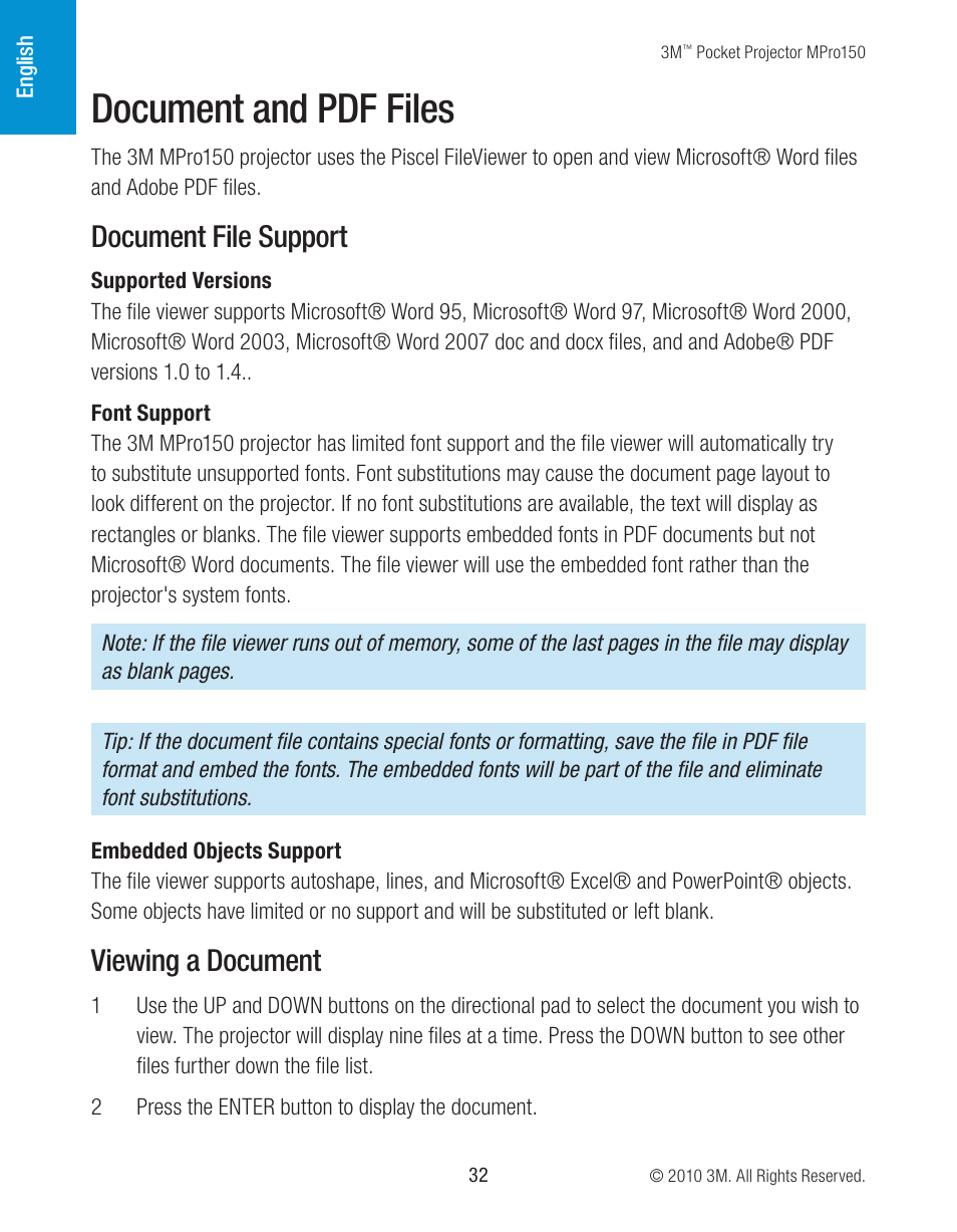 Document and pdf files, Document file support, Viewing a document | 3M MPro150 User Manual | Page 32 / 58