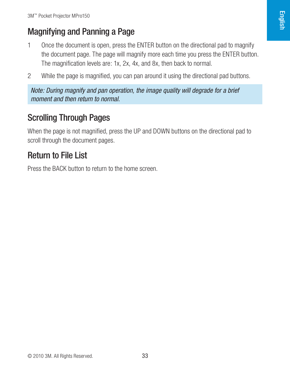 Magnifying and panning a page, Scrolling through pages, Return to file list | 3M MPro150 User Manual | Page 33 / 58