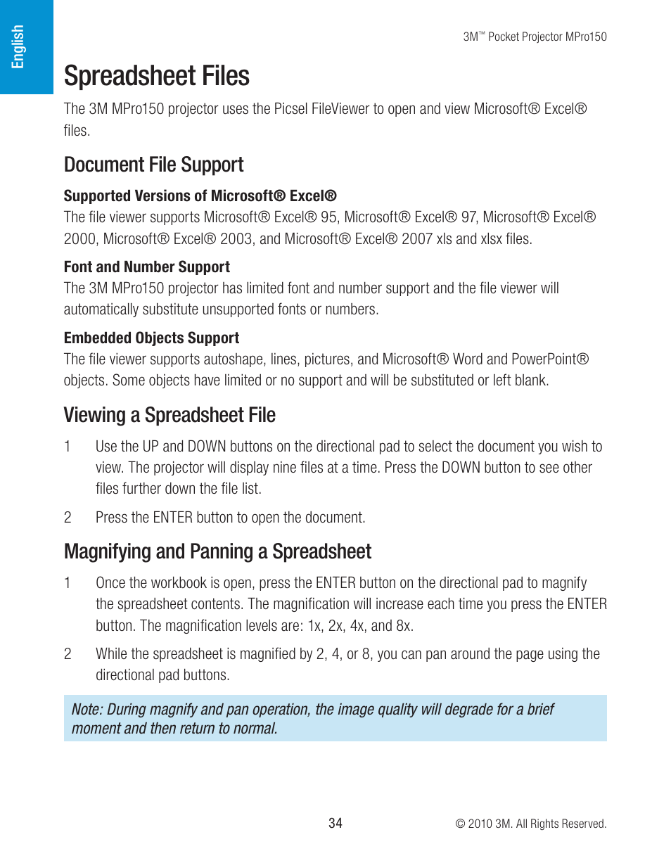 Spreadsheet files, Document file support, Viewing a spreadsheet file | Magnifying and panning a spreadsheet | 3M MPro150 User Manual | Page 34 / 58