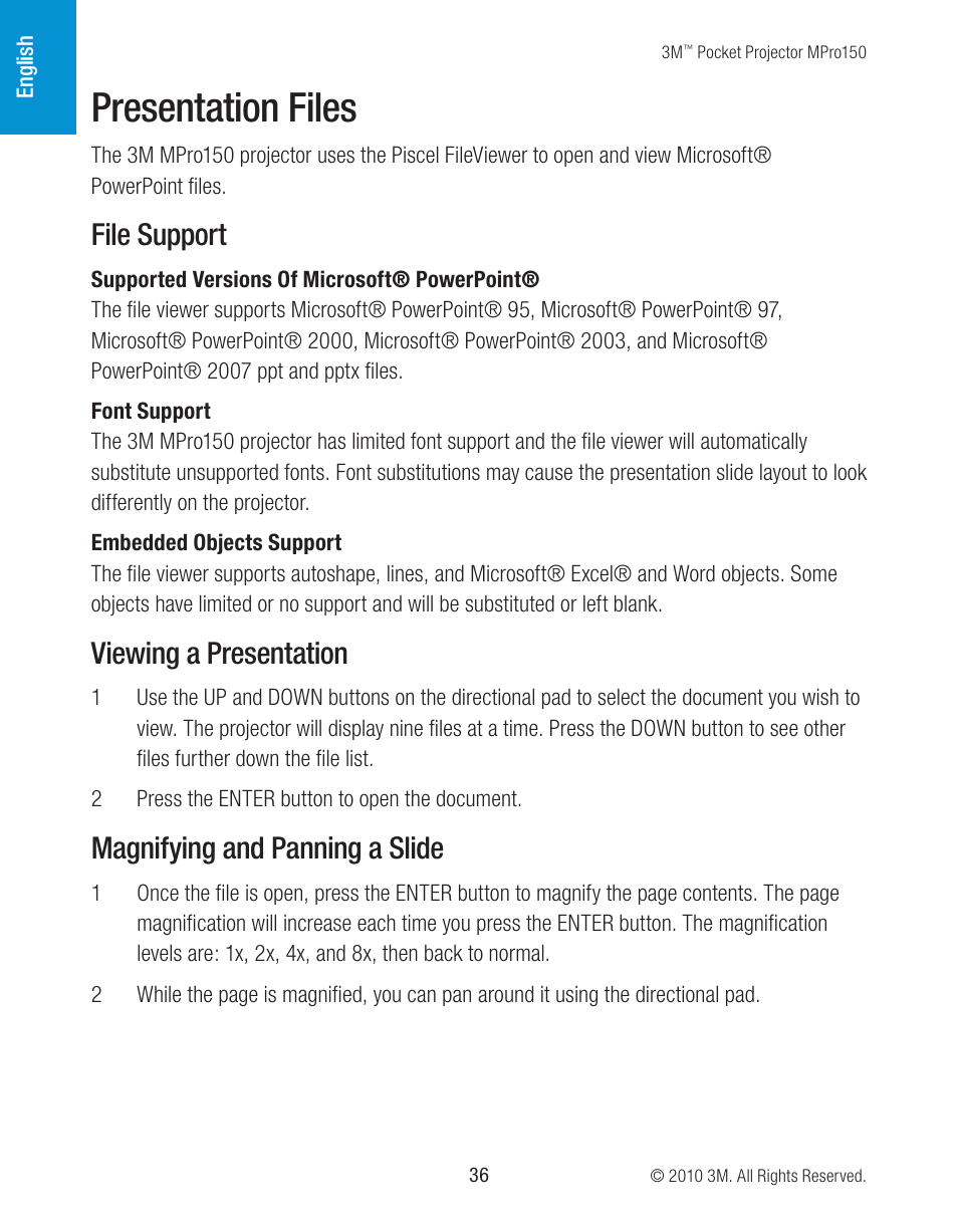 Presentation files, File support, Viewing a presentation | Magnifying and panning a slide | 3M MPro150 User Manual | Page 36 / 58
