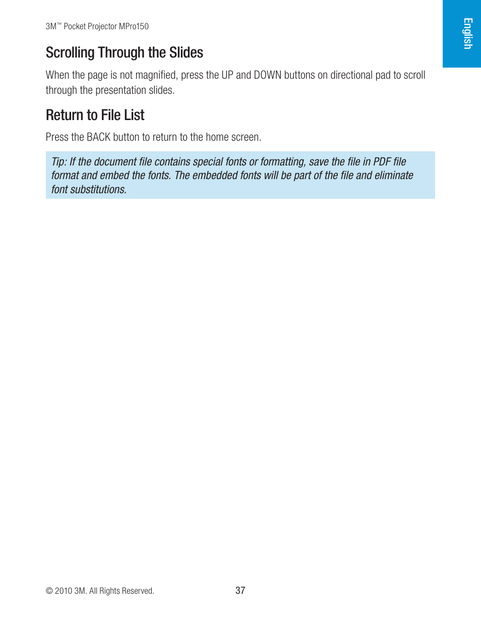 Scrolling through the slides, Return to file list | 3M MPro150 User Manual | Page 37 / 58