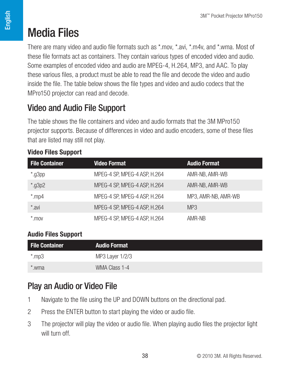 Media files, Video and audio file support, Play an audio or video file | 3M MPro150 User Manual | Page 38 / 58