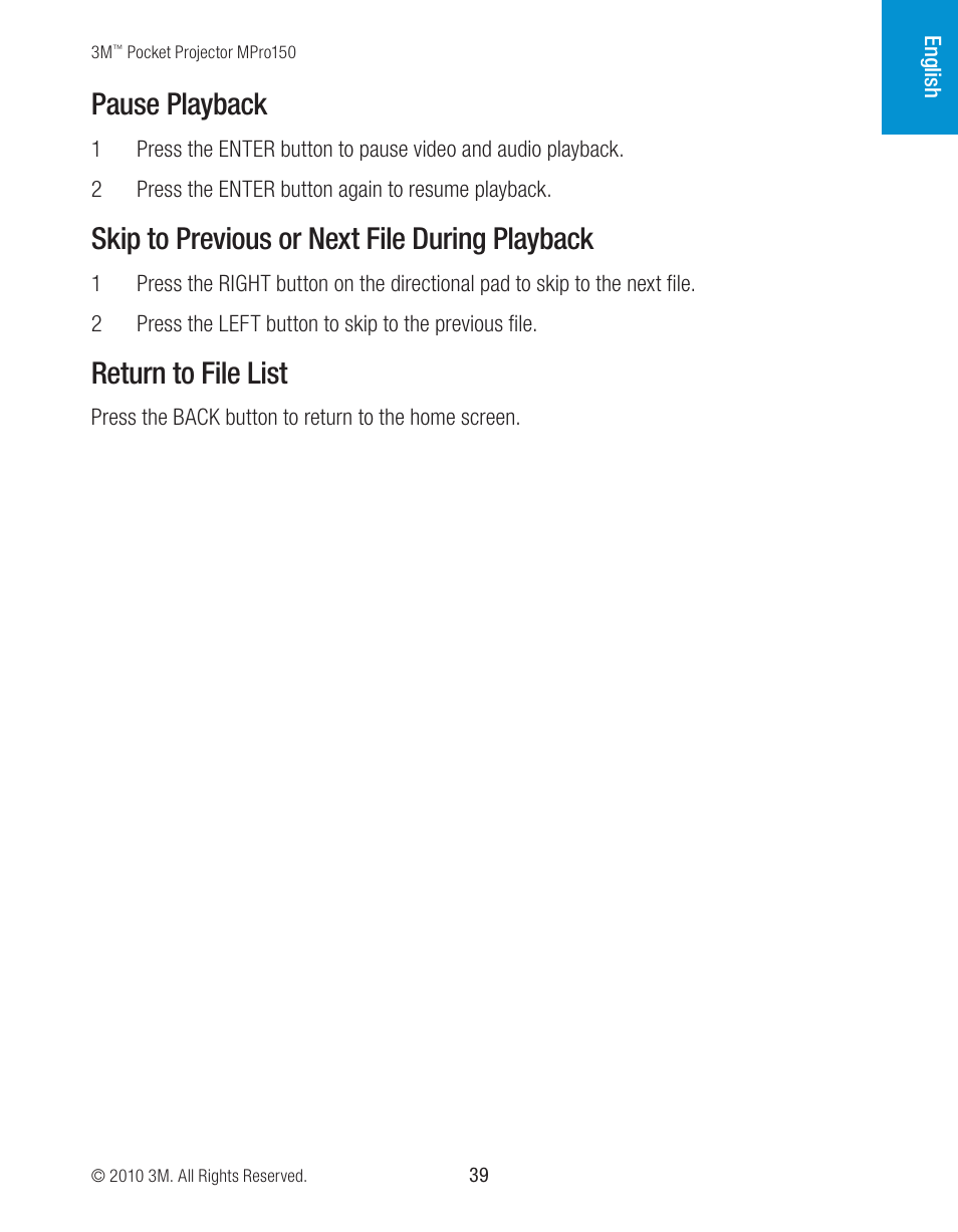 Pause playback, Skip to previous or next file during playback, Return to file list | 3M MPro150 User Manual | Page 39 / 58