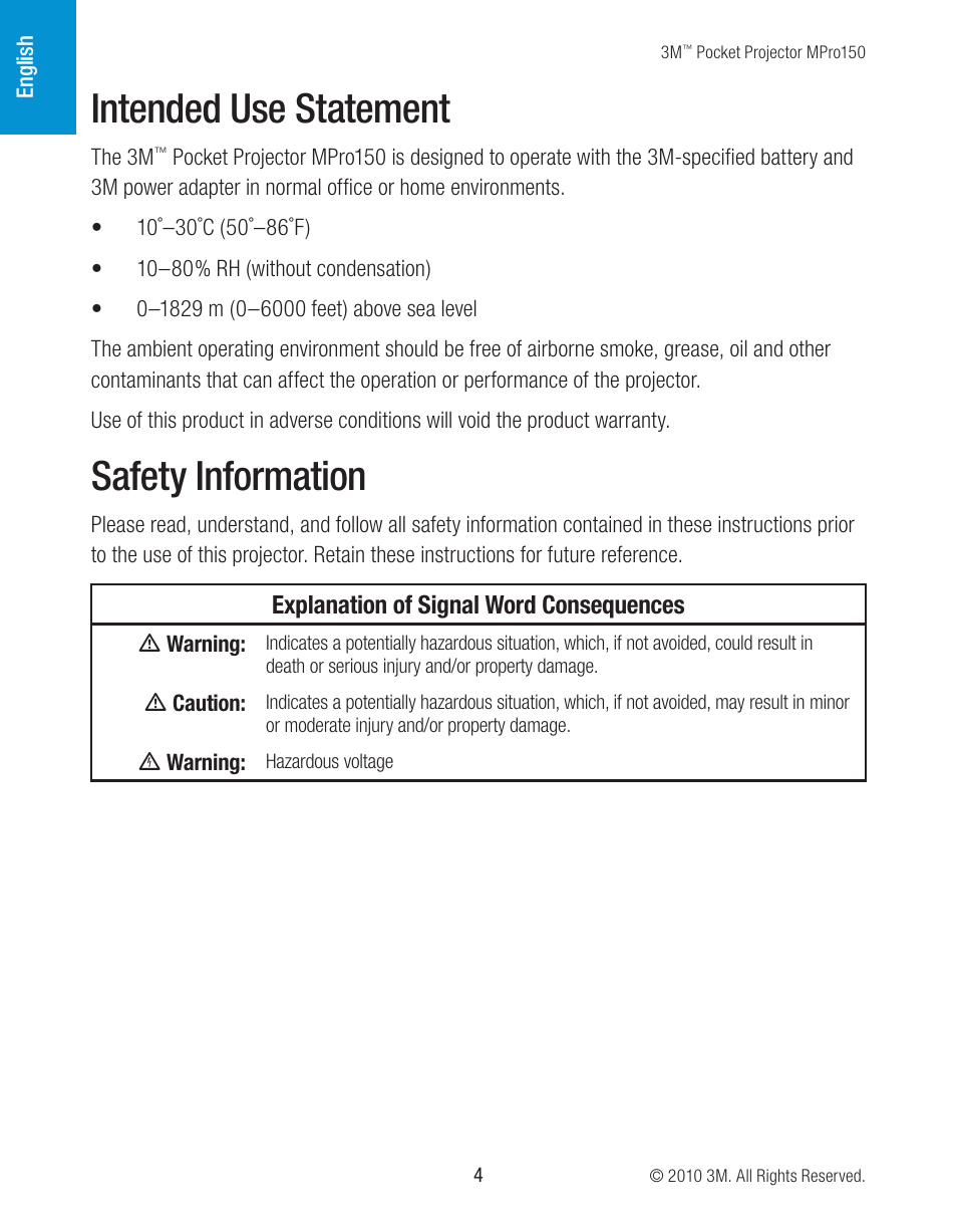 Intended use statement, Safety information | 3M MPro150 User Manual | Page 4 / 58