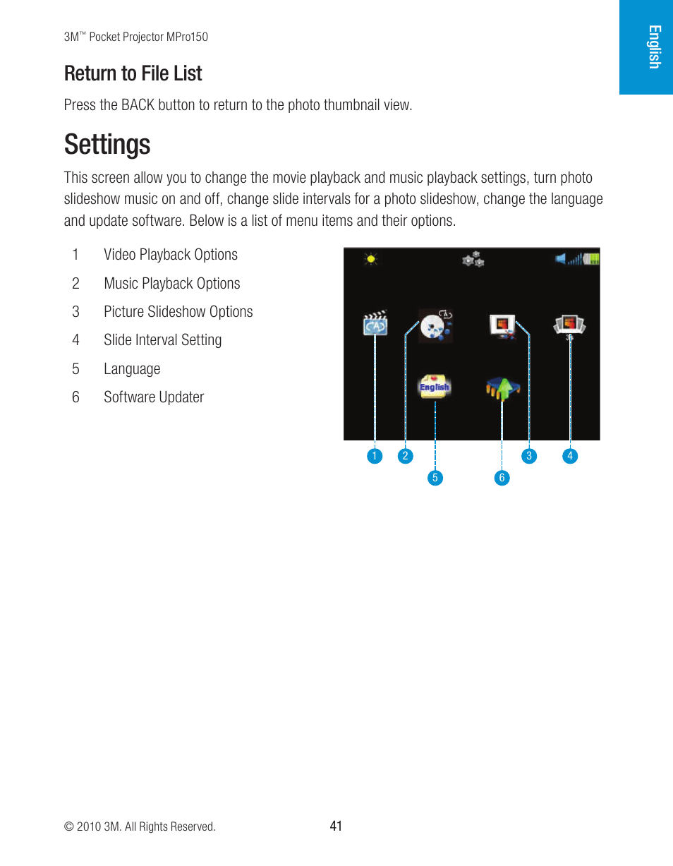 Settings, Return to file list | 3M MPro150 User Manual | Page 41 / 58