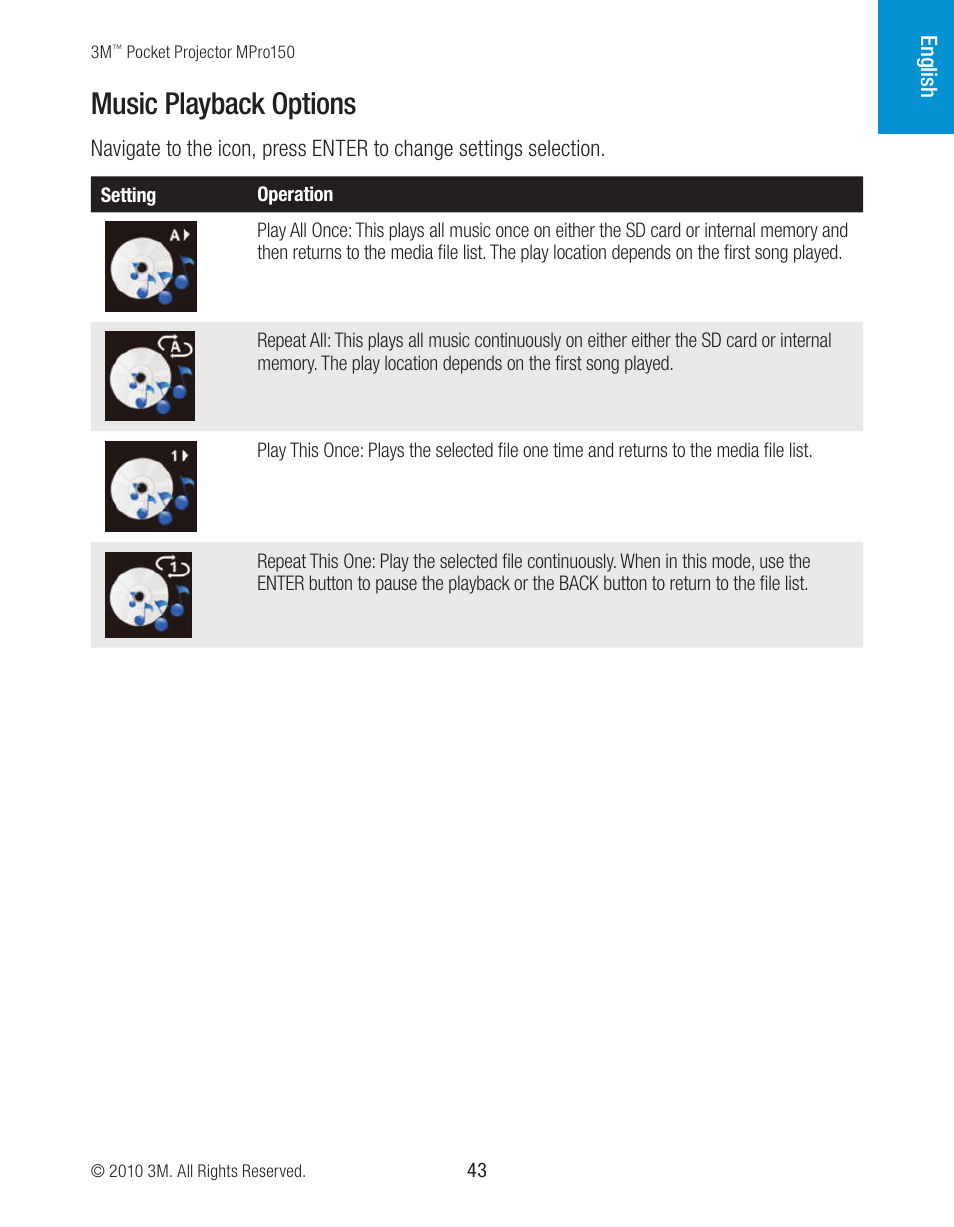 Music playback options | 3M MPro150 User Manual | Page 43 / 58