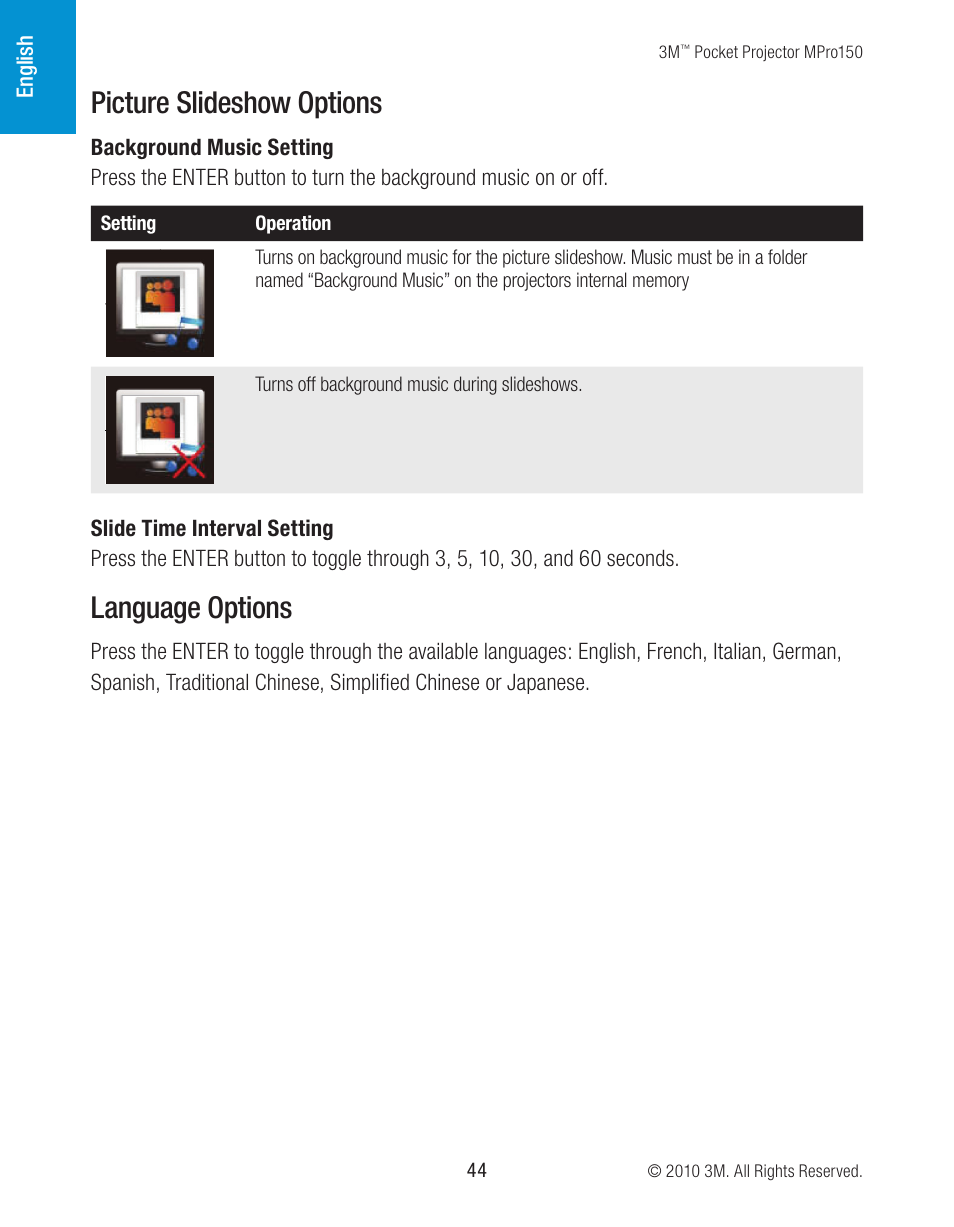 Picture slideshow options, Language options | 3M MPro150 User Manual | Page 44 / 58