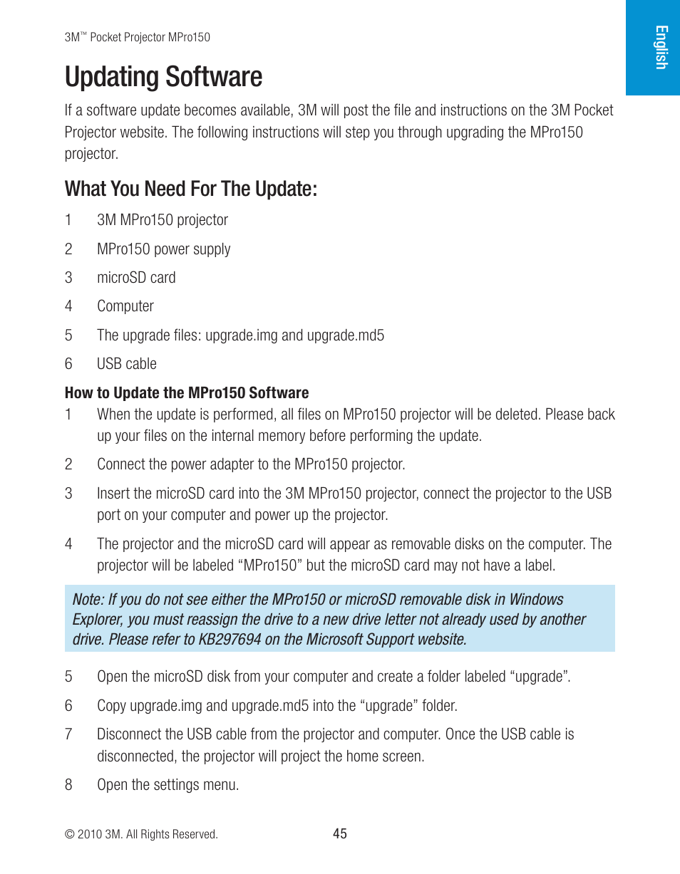 Updating software, What you need for the update | 3M MPro150 User Manual | Page 45 / 58