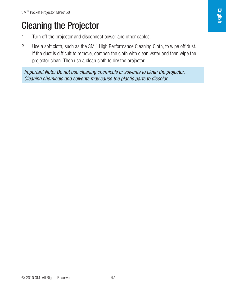 Cleaning the projector | 3M MPro150 User Manual | Page 47 / 58