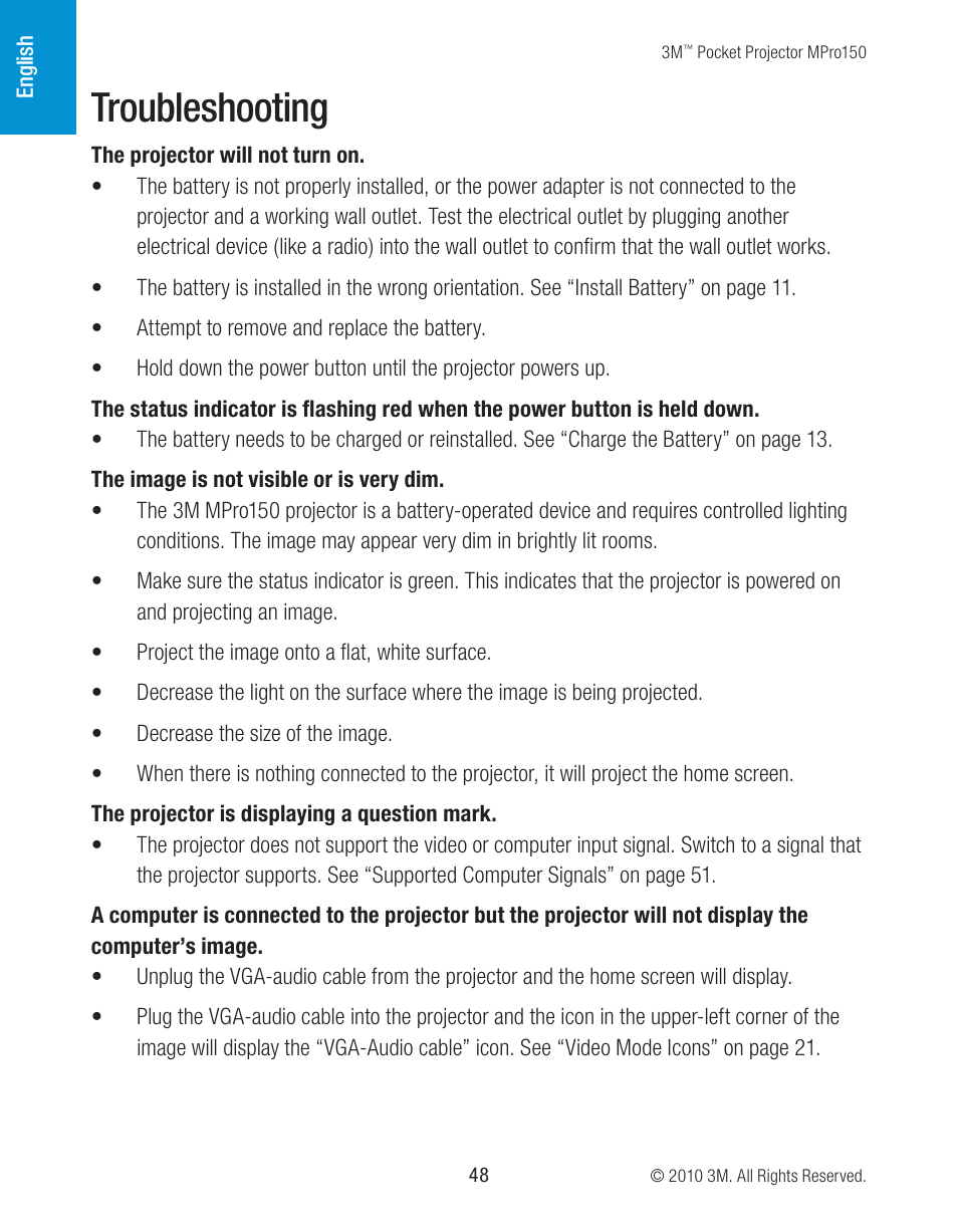 Troubleshooting | 3M MPro150 User Manual | Page 48 / 58