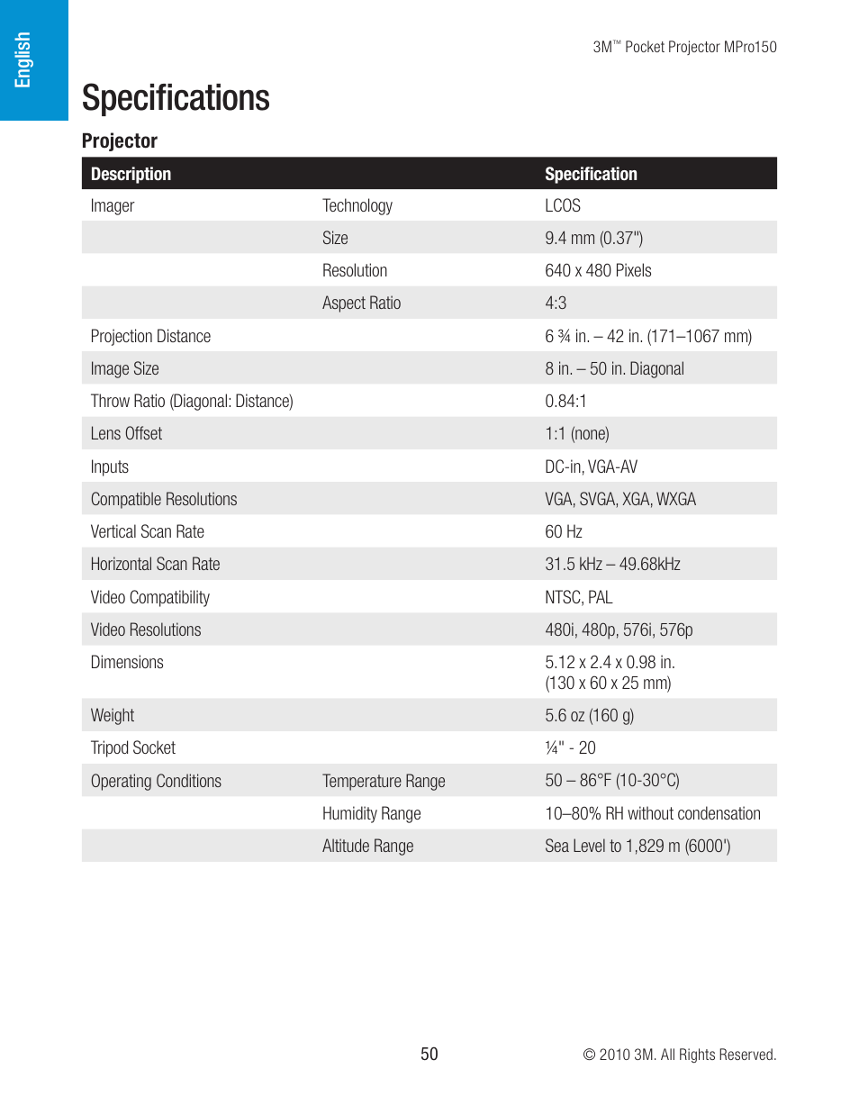 Specifications | 3M MPro150 User Manual | Page 50 / 58