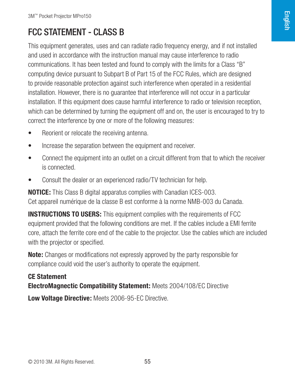 Fcc statement - class b | 3M MPro150 User Manual | Page 55 / 58