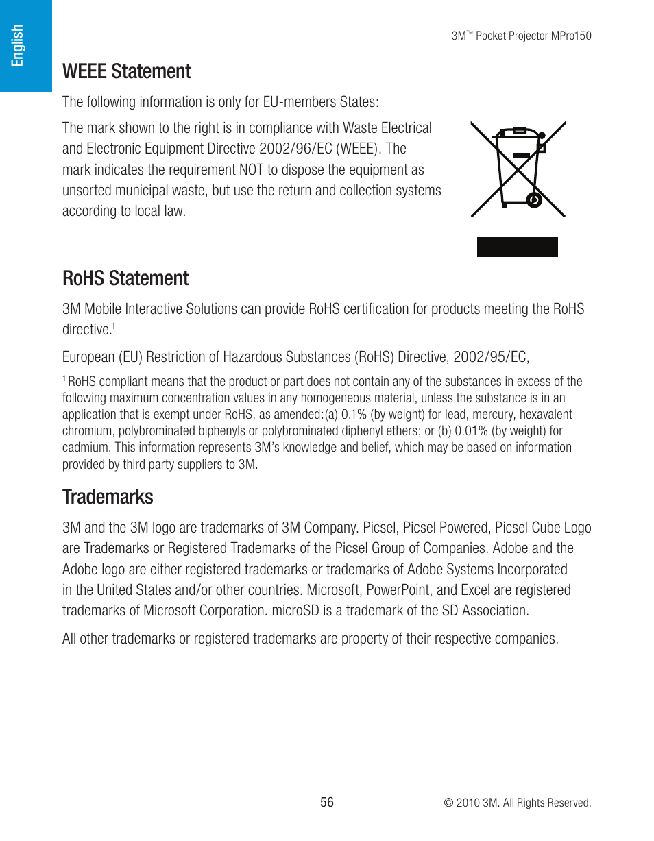 Weee statement, Rohs statement, Trademarks | 3M MPro150 User Manual | Page 56 / 58