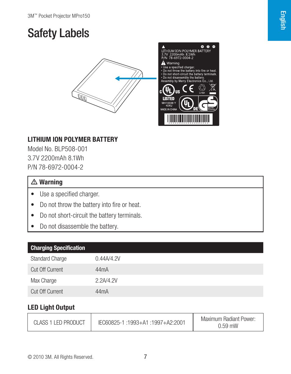 Safety labels | 3M MPro150 User Manual | Page 7 / 58