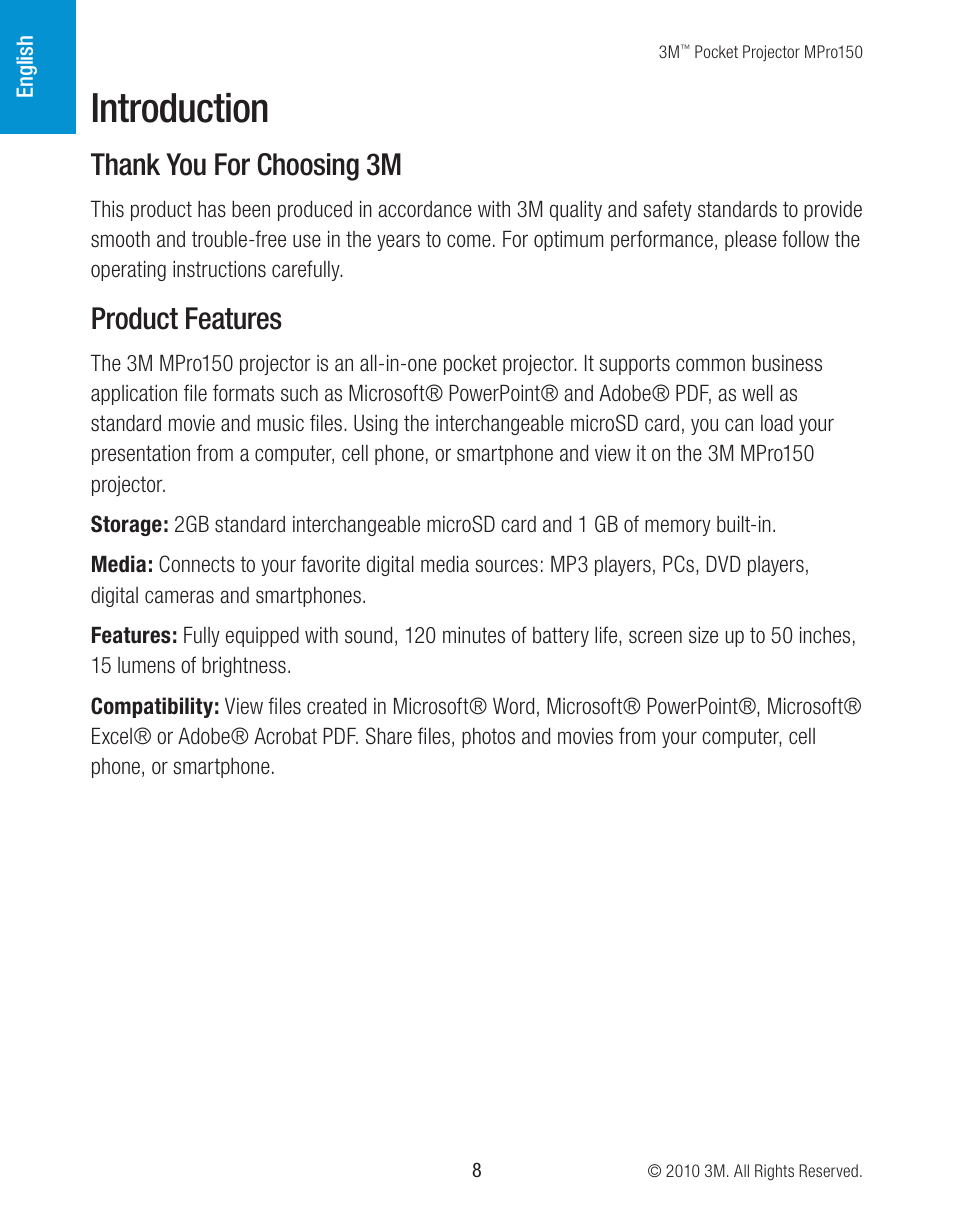 Introduction, Product features | 3M MPro150 User Manual | Page 8 / 58