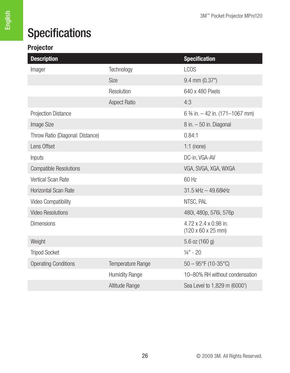 Specifications | 3M MPro120 User Manual | Page 26 / 32