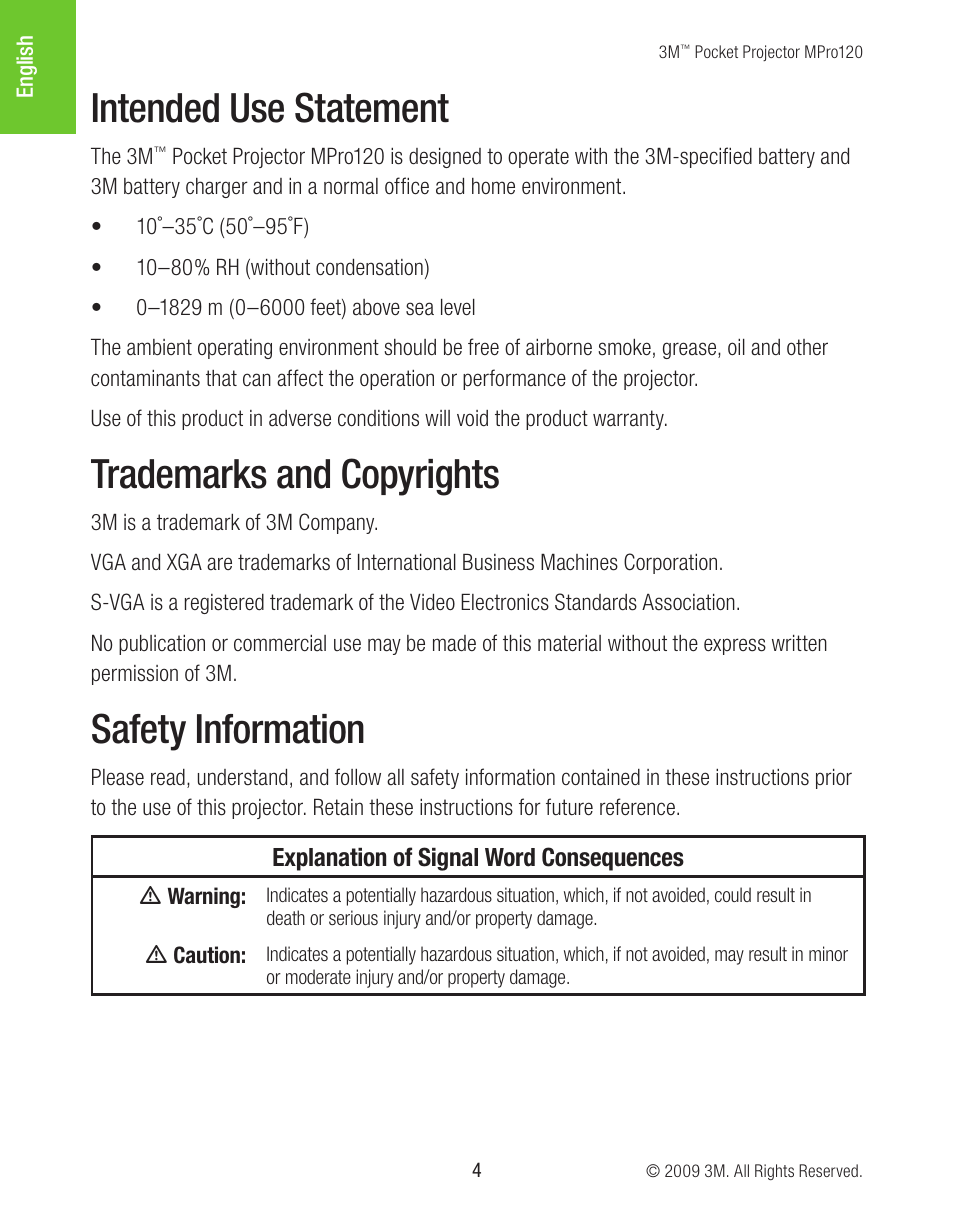 Intended use statement, Trademarks and copyrights, Safety information | 3M MPro120 User Manual | Page 4 / 32