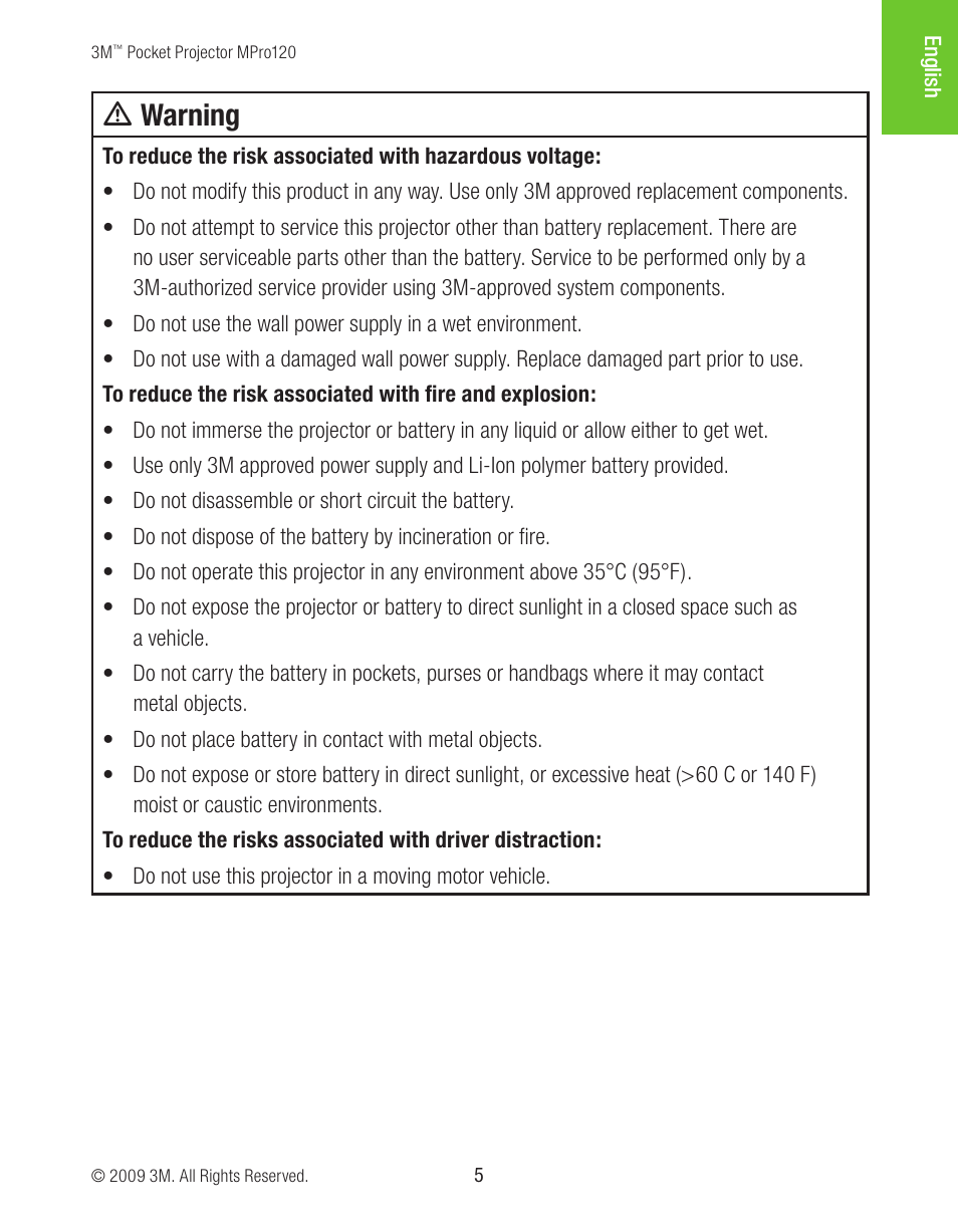 M warning | 3M MPro120 User Manual | Page 5 / 32