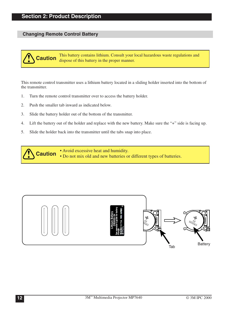 Changing remote control battery, Caution | 3M MP7640 User Manual | Page 12 / 28