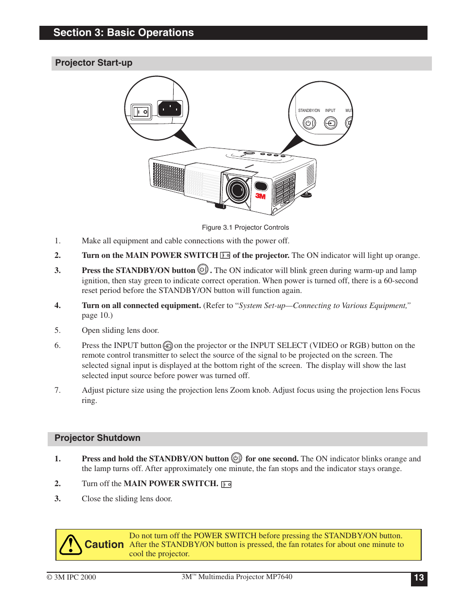 Section 3: basic operations, Projector startup projector shutdown, Caution | 3M MP7640 User Manual | Page 13 / 28