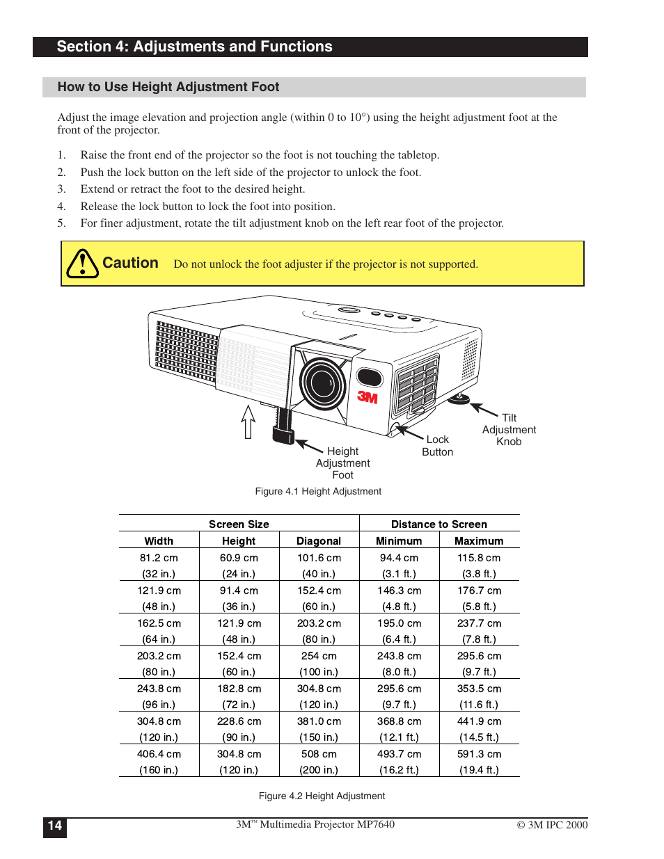 Section 4: adjustments and functions, How to use height adjustment foot, Caution | 3M MP7640 User Manual | Page 14 / 28