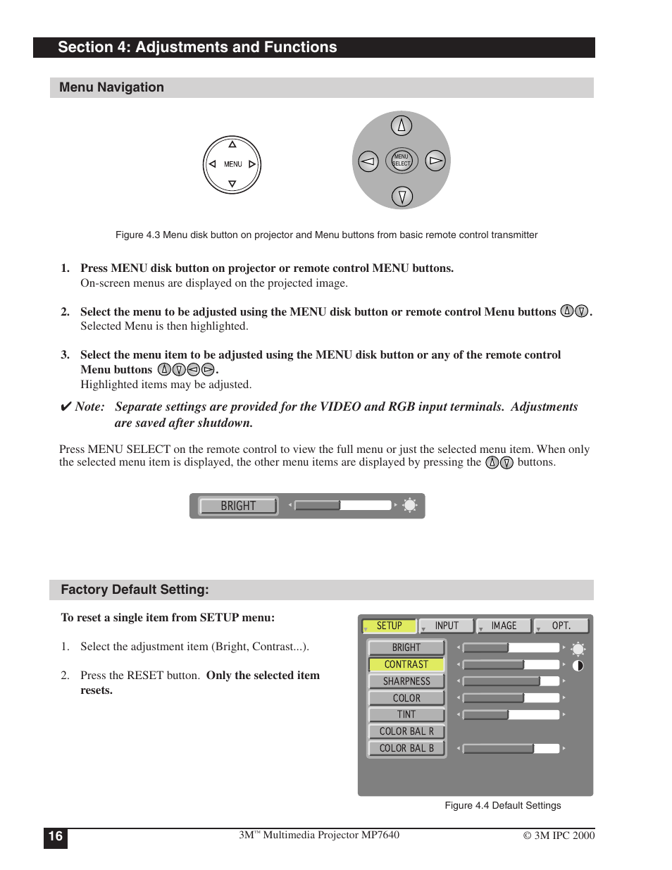 Menu navigation factory default setting | 3M MP7640 User Manual | Page 16 / 28