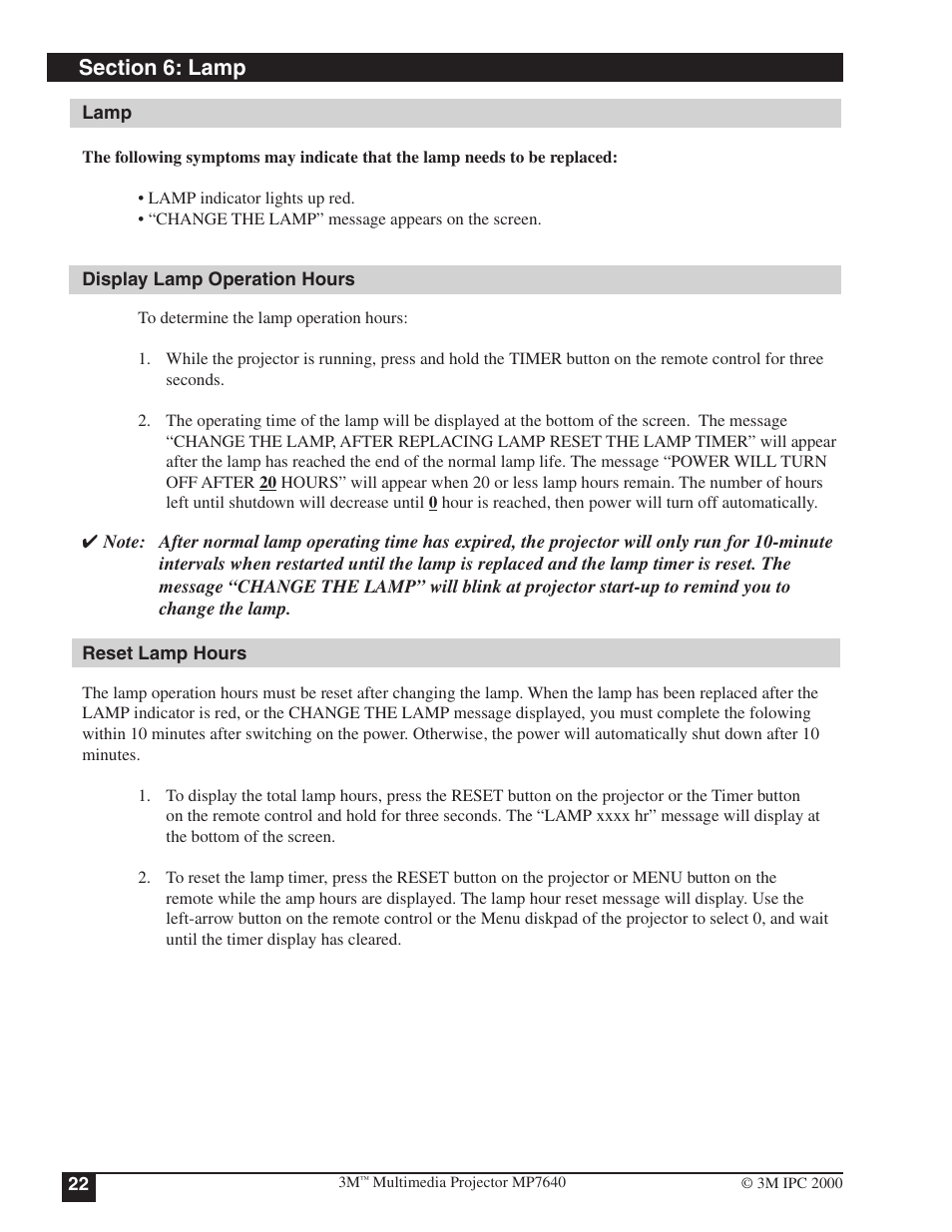 Section 6: lamp, Lamp display lamp operation hours reset lamp hours | 3M MP7640 User Manual | Page 22 / 28