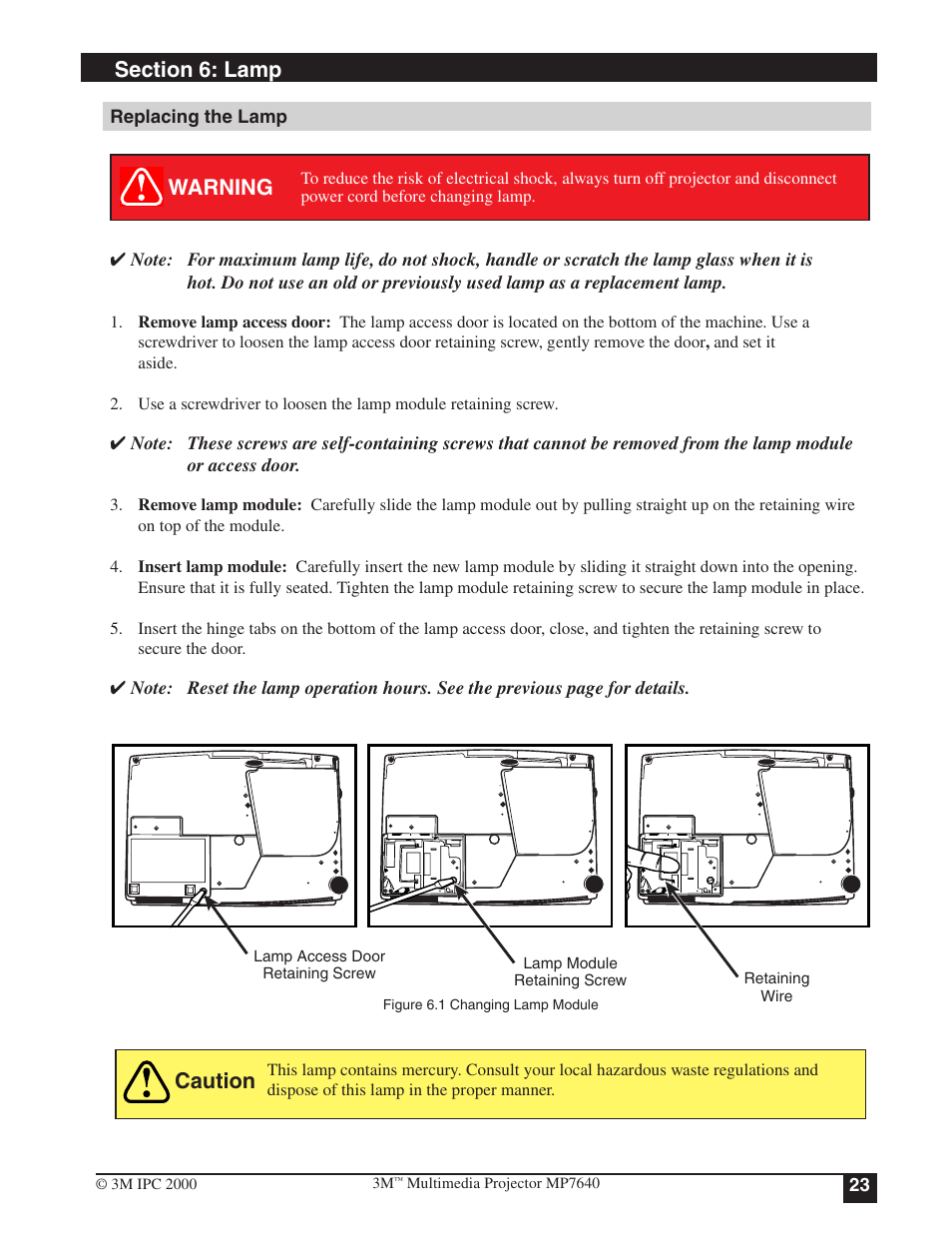 Replacing the lamp, Warning, Caution | 3M MP7640 User Manual | Page 23 / 28