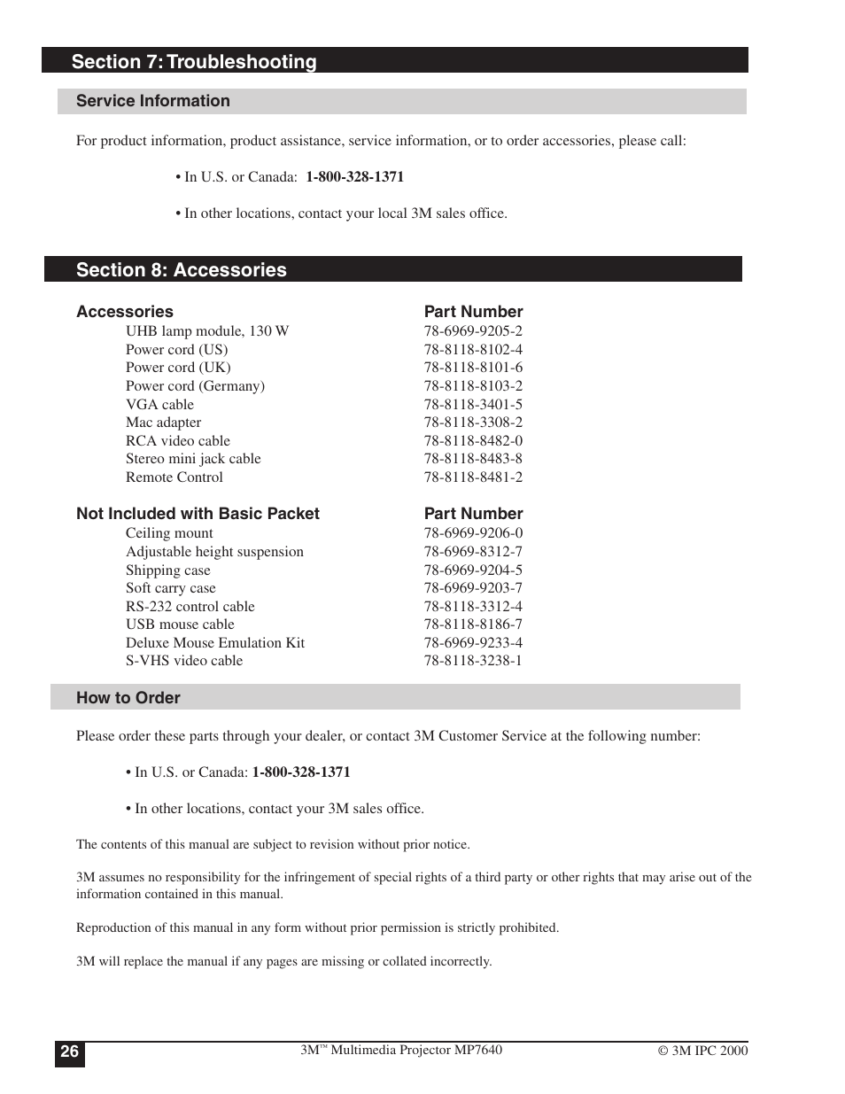 Service information, Section 8: accessories | 3M MP7640 User Manual | Page 26 / 28