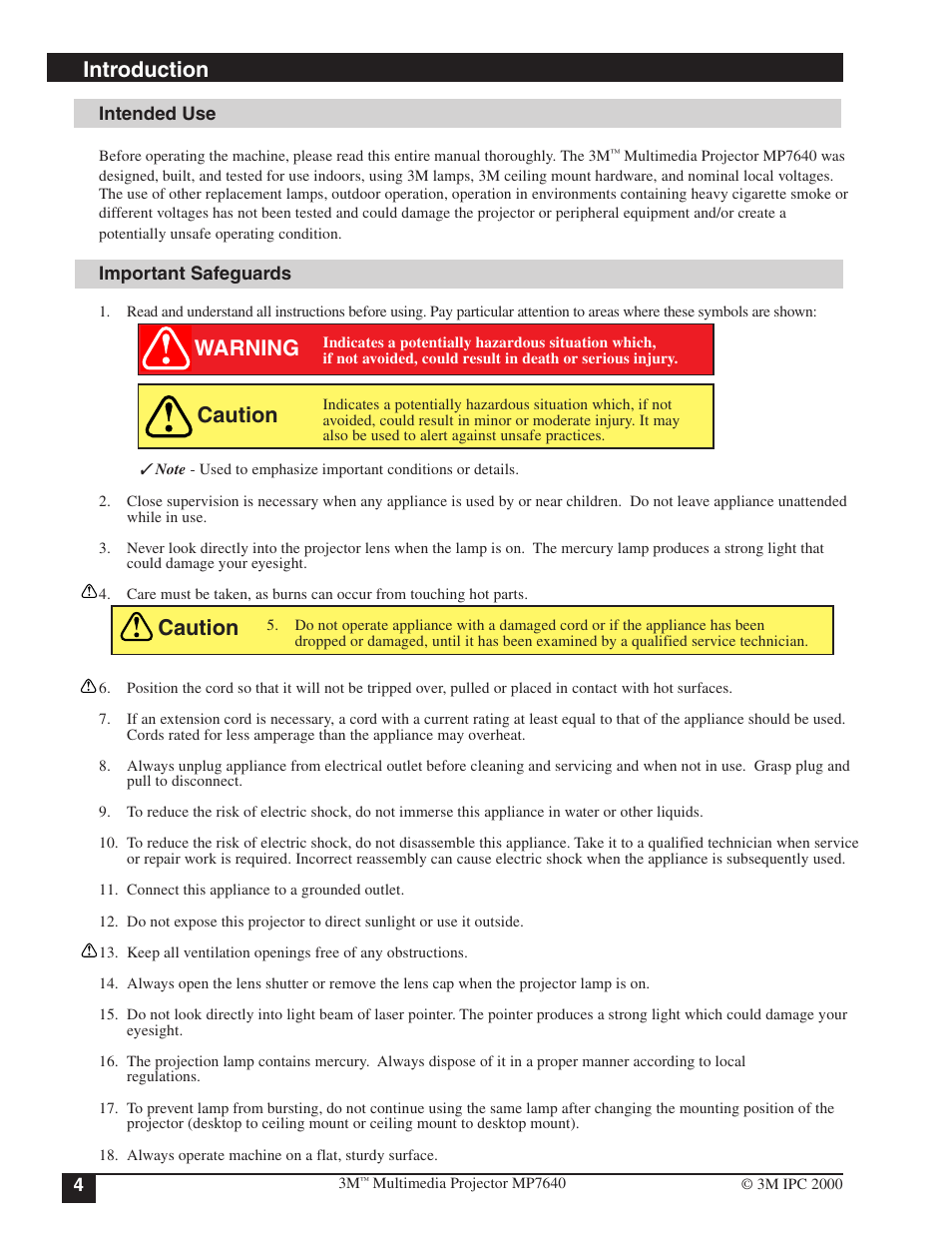 Introduction, Safeguards, Introduction warning caution caution | 3M MP7640 User Manual | Page 4 / 28