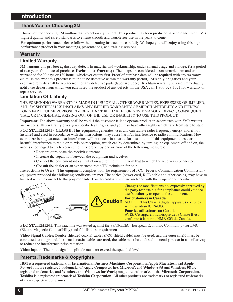 Thank you for choosing 3m warranty, Introduction, Caution | 3M MP7640 User Manual | Page 6 / 28