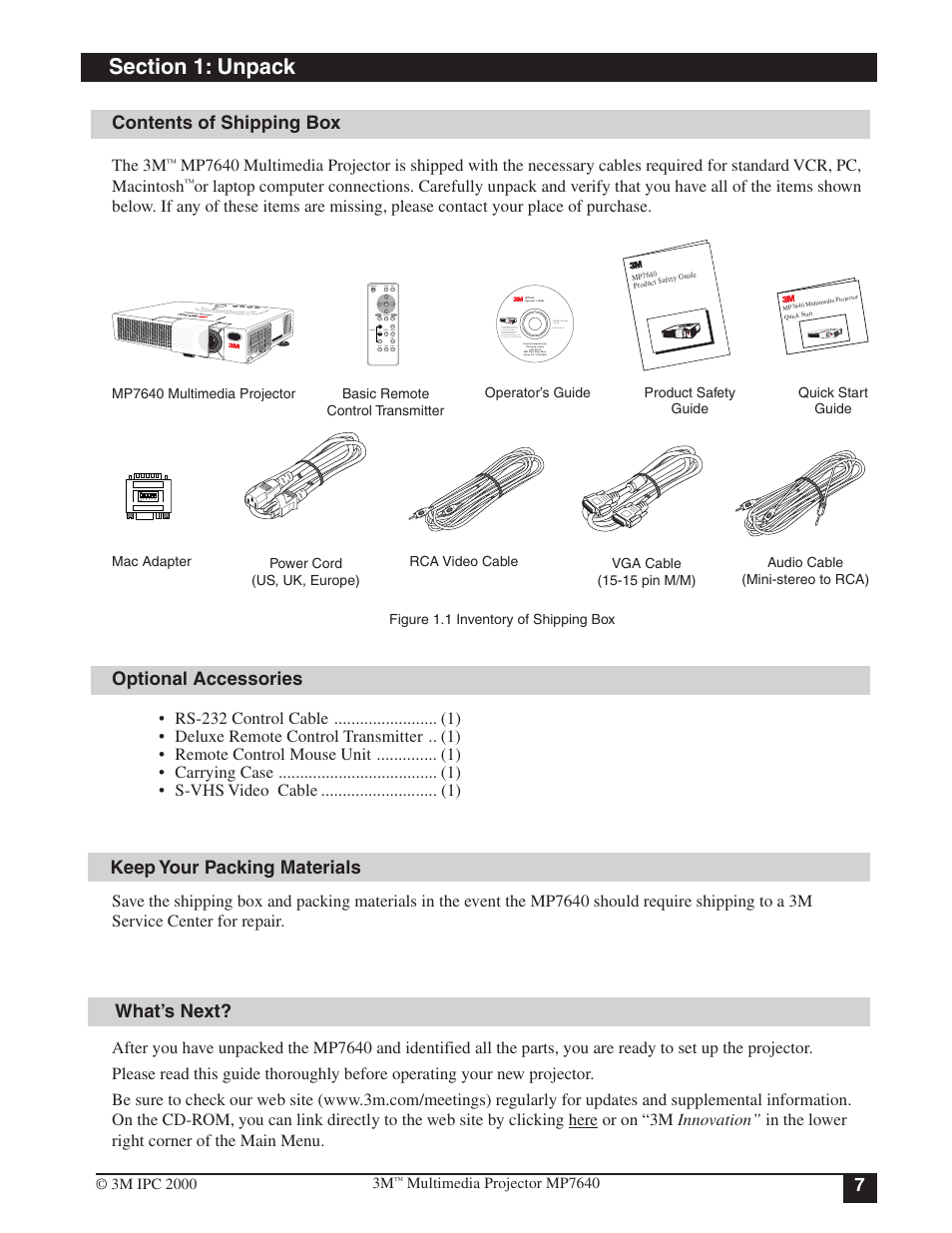 Section 1: unpack, Contents of shipping box, Optional accessories | Keep your packing materials, What’s next, The 3m | 3M MP7640 User Manual | Page 7 / 28