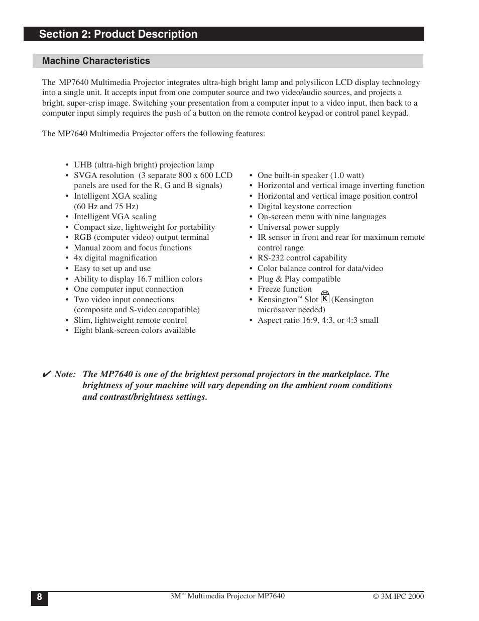 Section 2: product description, Machine characteristics | 3M MP7640 User Manual | Page 8 / 28