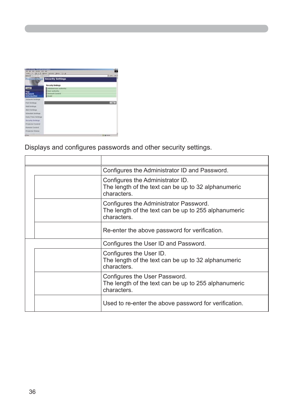 8 security settings | 3M Multimedia Projector X62w User Manual | Page 36 / 84