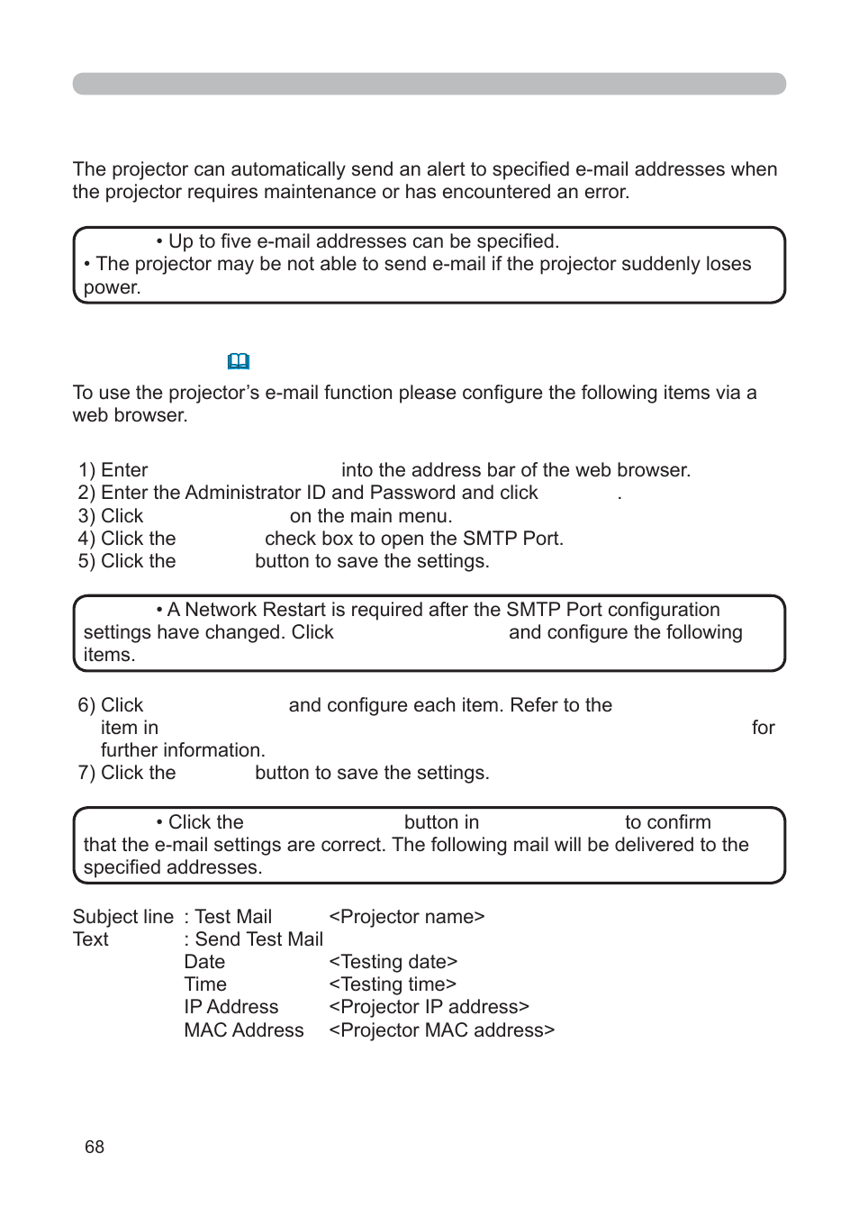 4 failure & warning alerts via e-mail | 3M Multimedia Projector X62w User Manual | Page 68 / 84