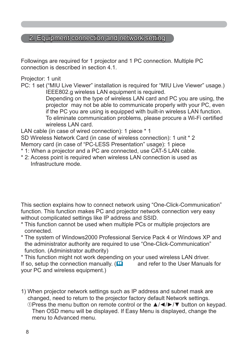 Equipment connection and network setting | 3M Multimedia Projector X62w User Manual | Page 8 / 84