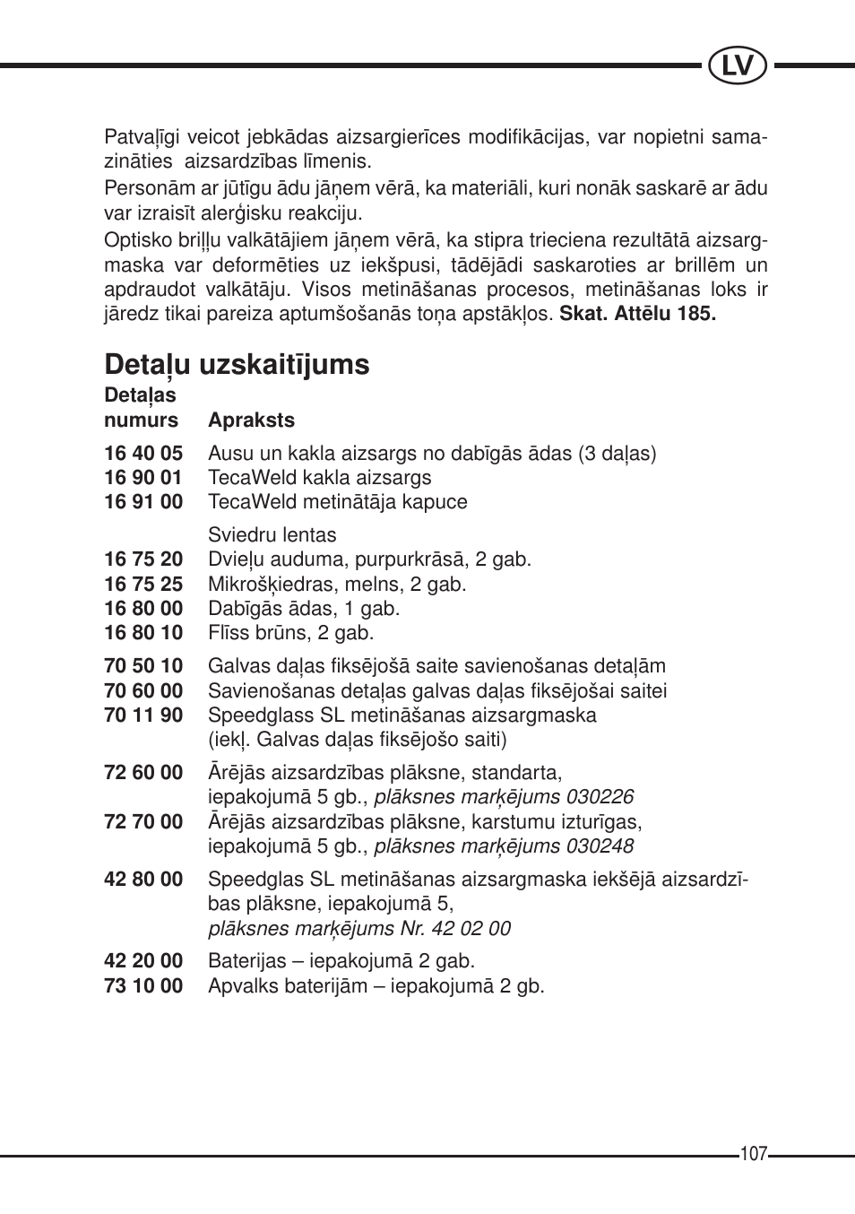 Detaļu uzskaitījums | 3M SPEEDGLAS SL User Manual | Page 107 / 187